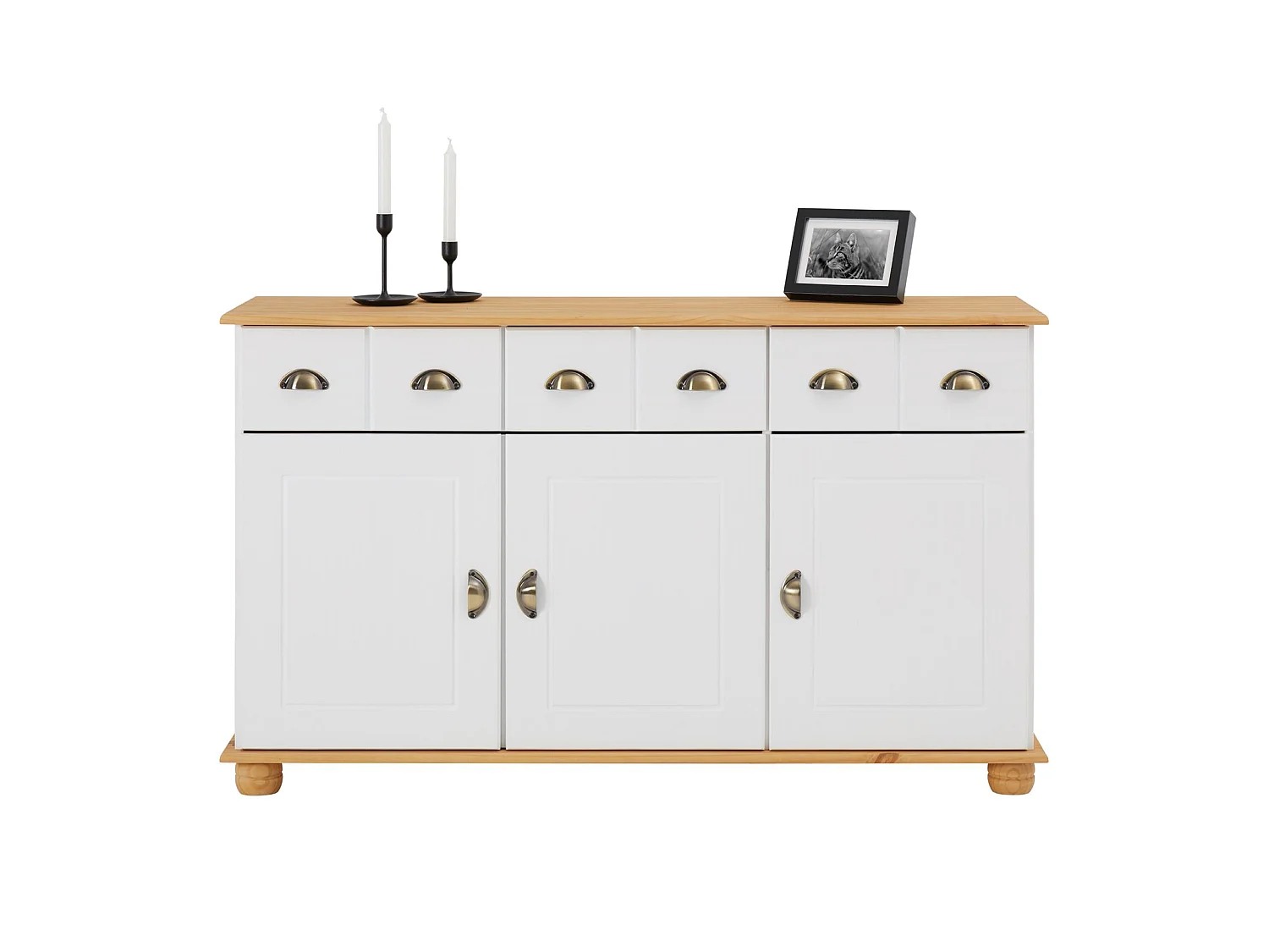 Buffet salle à manger COLMAR en bois massif L 134 cm avec 3 portes battantes et 3 tiroirs spacieux, blanc et brun