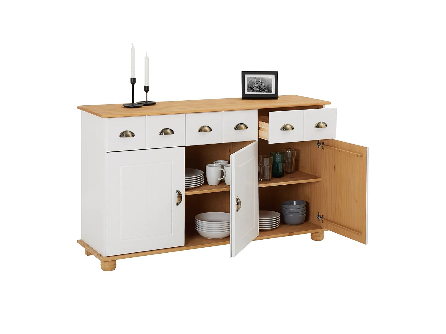 Buffet salle à manger COLMAR en bois massif L 134 cm avec 3 portes battantes et 3 tiroirs spacieux, blanc et brun