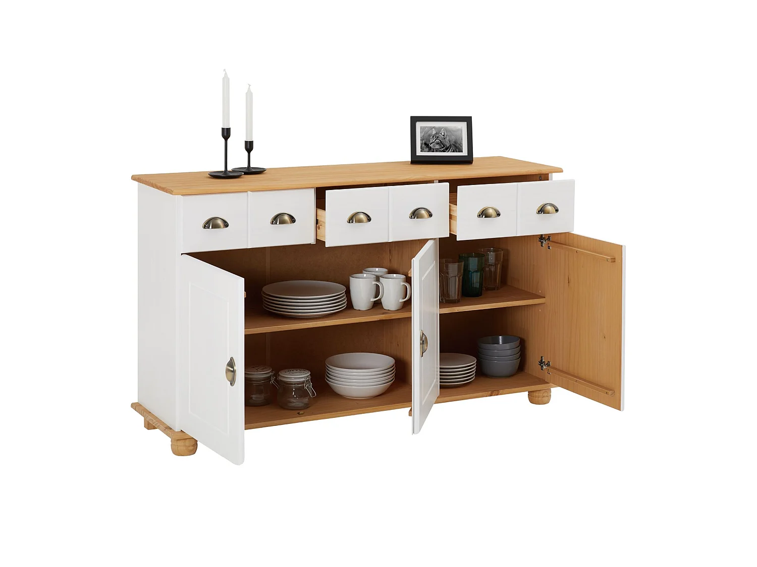 Buffet salle à manger COLMAR en bois massif L 134 cm avec 3 portes battantes et 3 tiroirs spacieux, blanc et brun