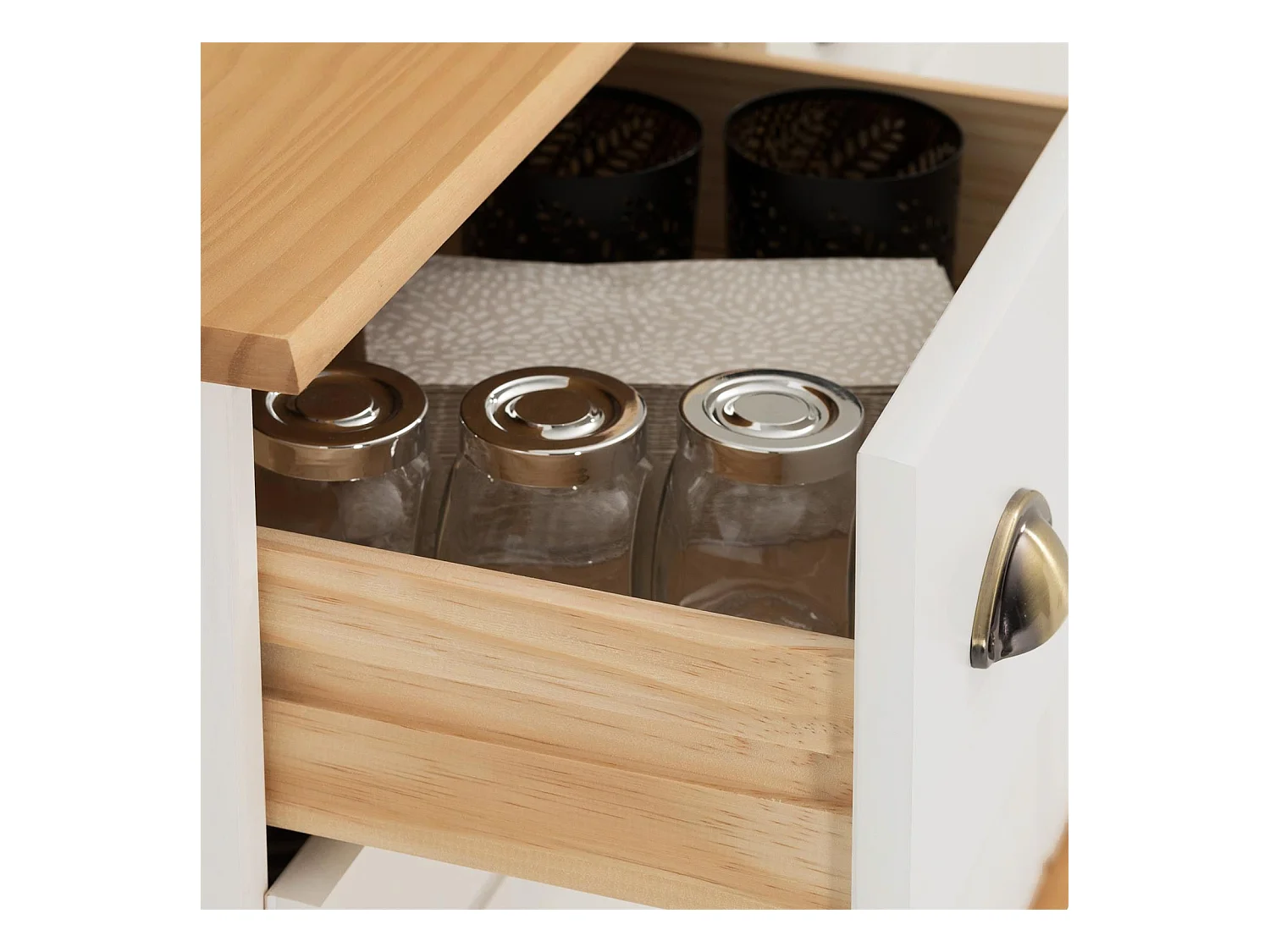 Buffet salle à manger COLMAR en bois massif L 134 cm avec 3 portes battantes et 3 tiroirs spacieux, blanc et brun