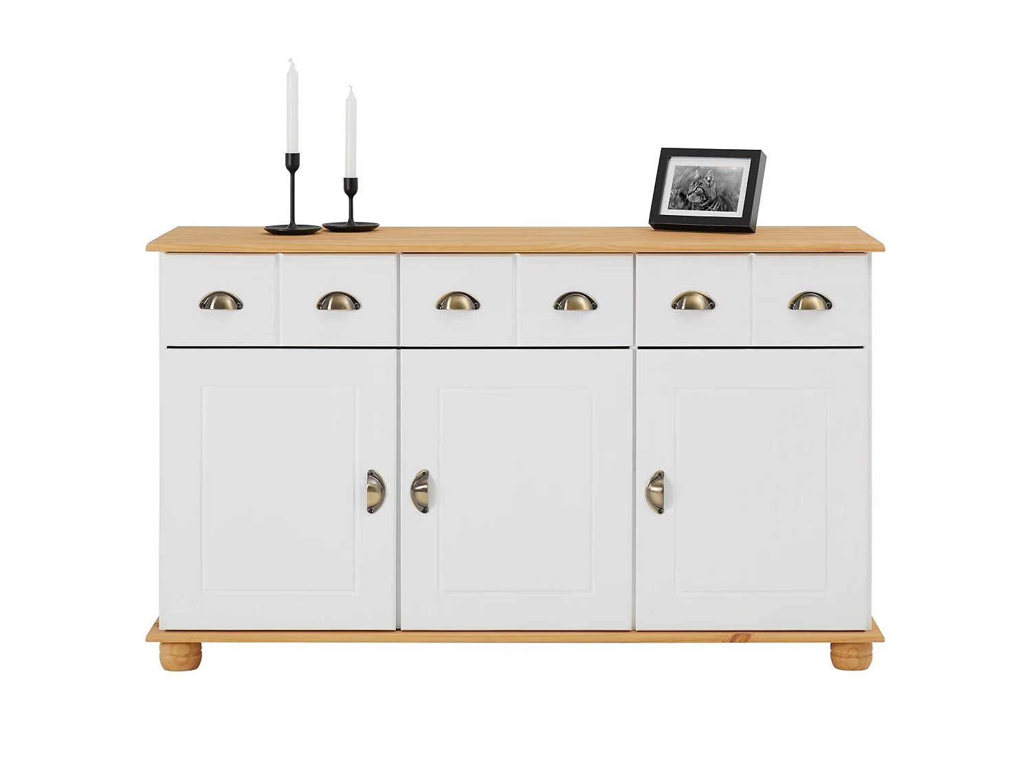 Buffet salle à manger COLMAR en bois massif L 134 cm avec 3 portes battantes et 3 tiroirs spacieux, blanc et brun