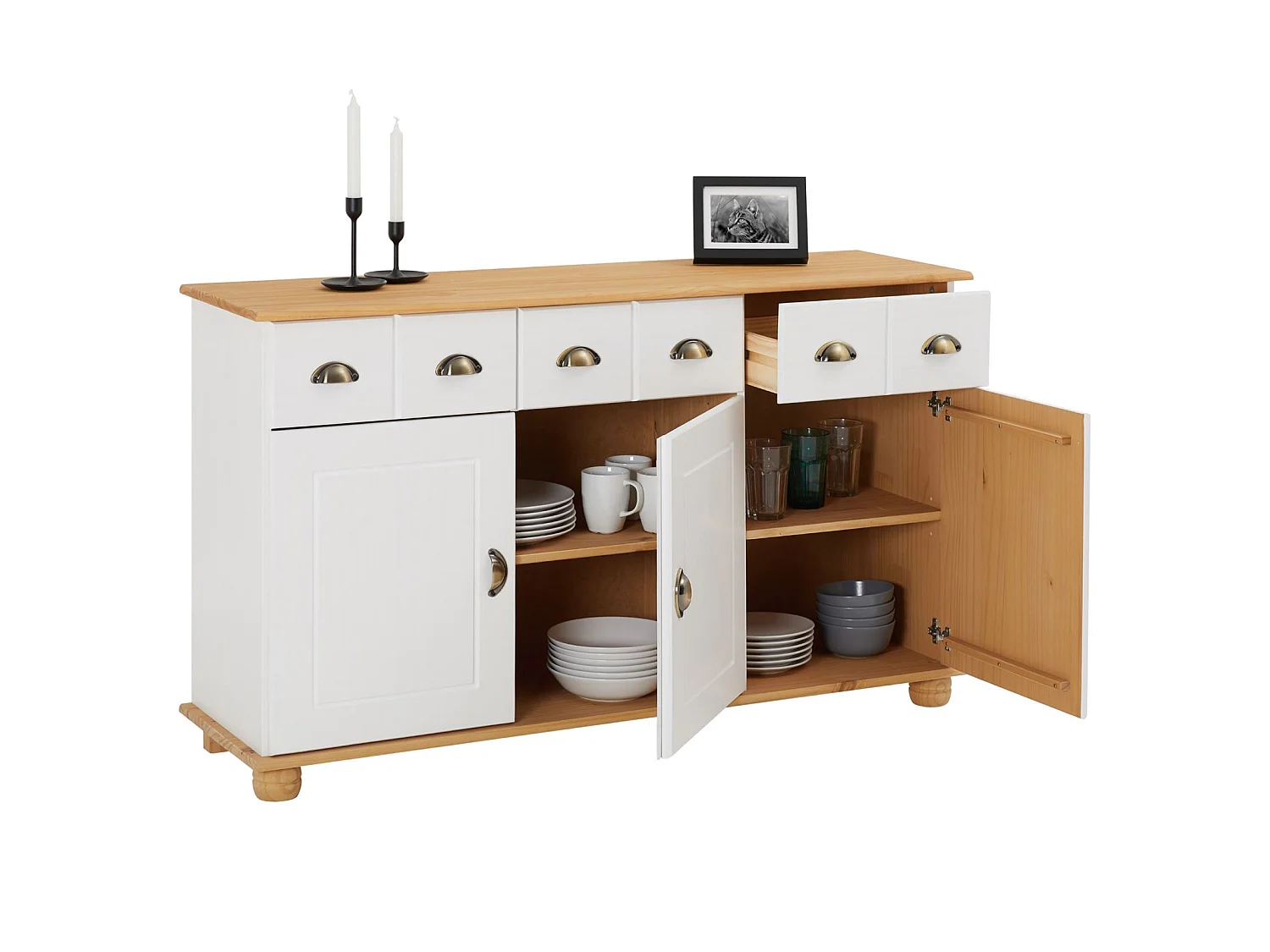 Buffet salle à manger COLMAR en bois massif L 134 cm avec 3 portes battantes et 3 tiroirs spacieux, blanc et brun