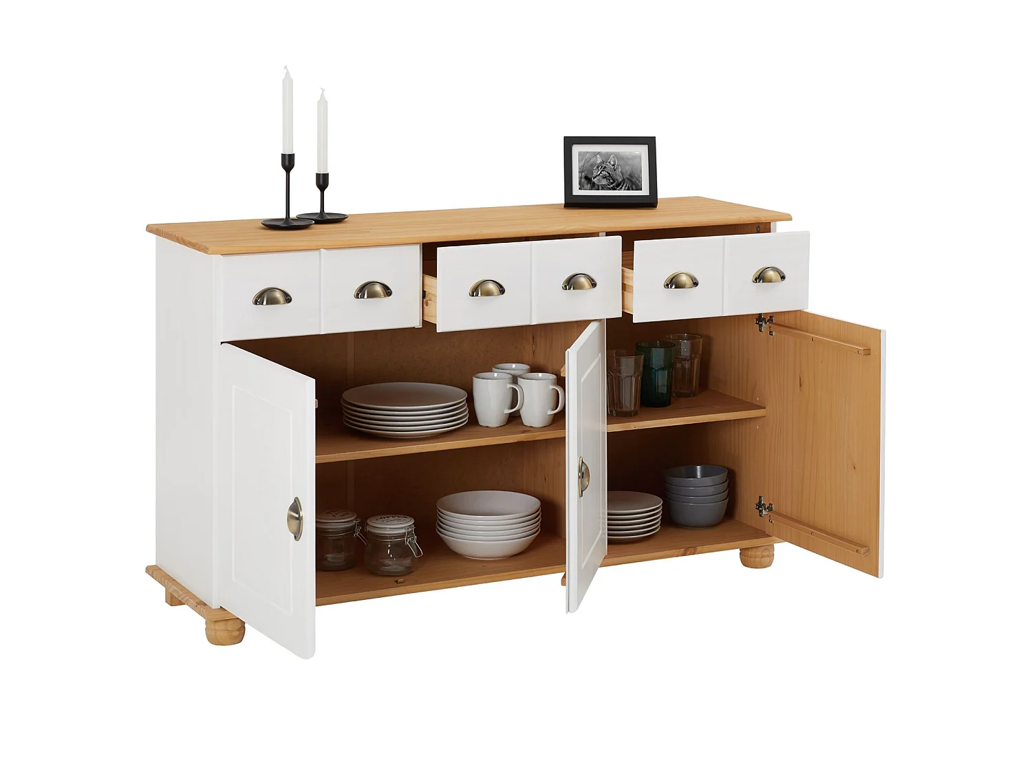 Buffet salle à manger COLMAR en bois massif L 134 cm avec 3 portes battantes et 3 tiroirs spacieux, blanc et brun