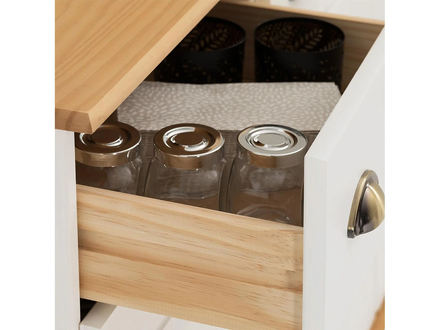 Buffet salle à manger COLMAR en bois massif L 134 cm avec 3 portes battantes et 3 tiroirs spacieux, blanc et brun