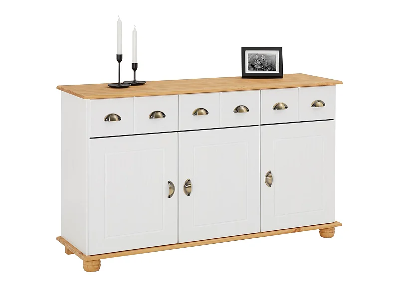 Buffet salle à manger COLMAR en bois massif L 134 cm avec 3 portes battantes et 3 tiroirs spacieux, blanc et brun
