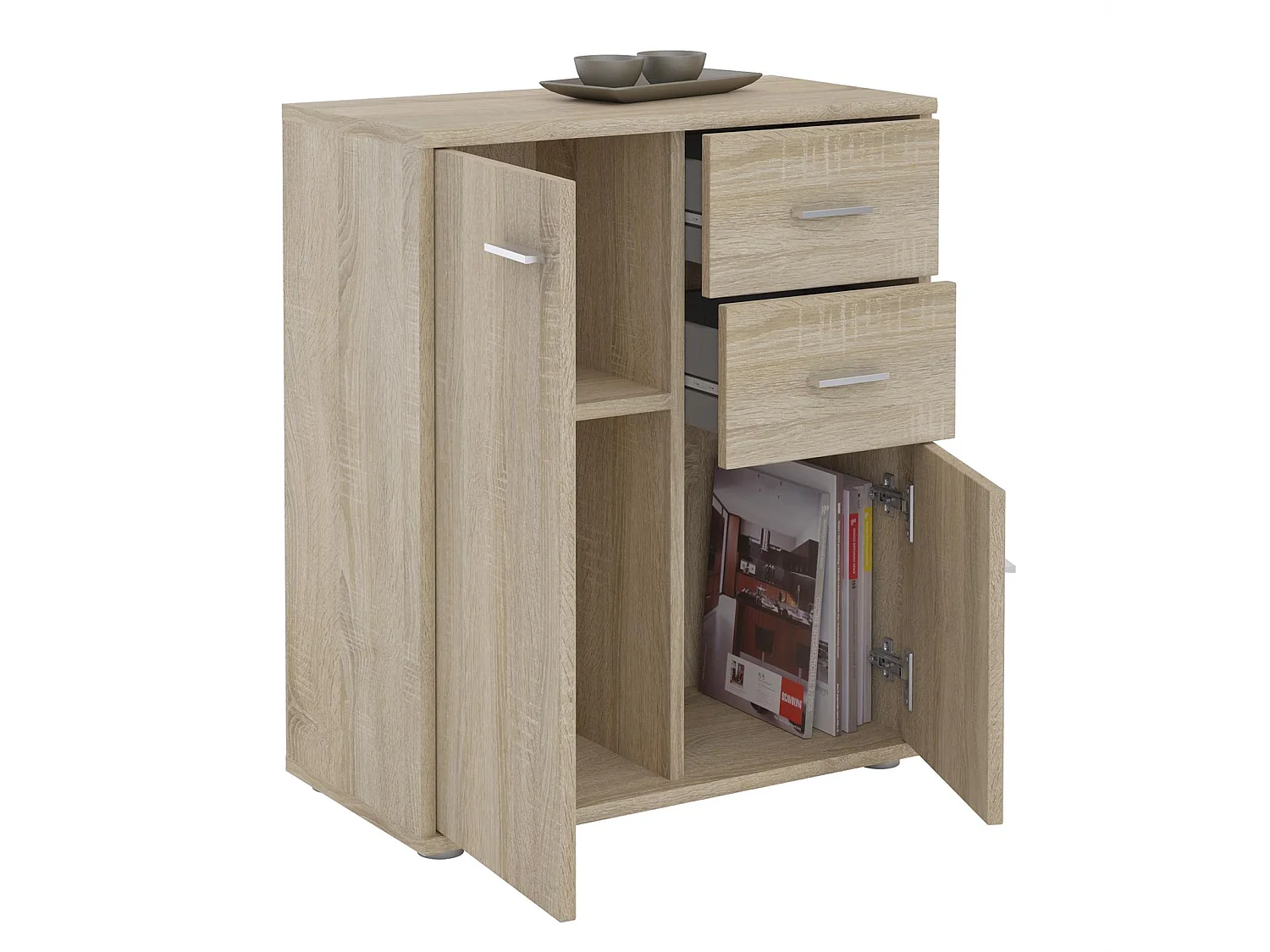 Buffet REMY, commode meuble de rangement avec 2 tiroirs et 2 portes, en mélaminé décor chêne sonoma