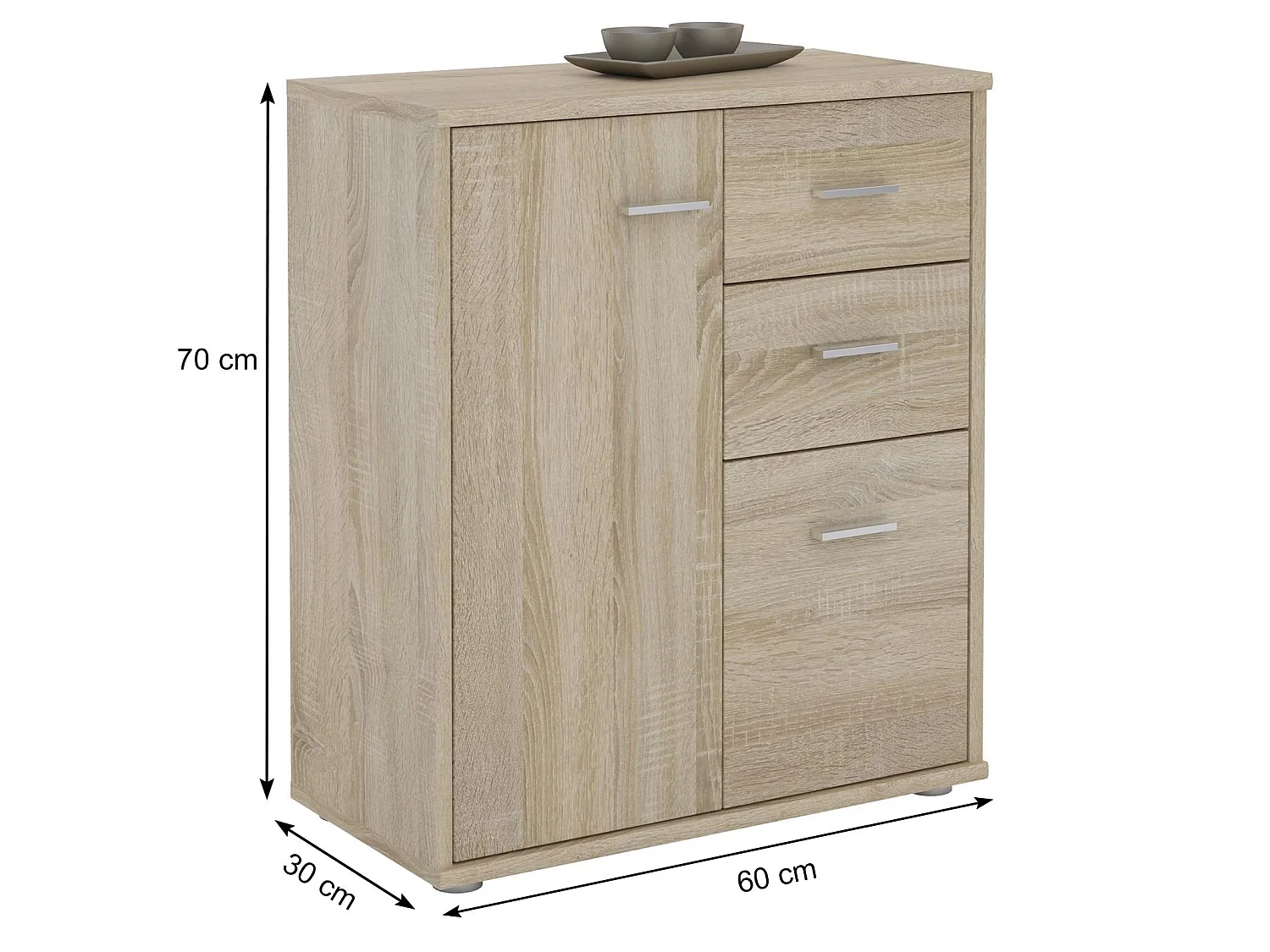 Buffet REMY, commode meuble de rangement avec 2 tiroirs et 2 portes, en mélaminé décor chêne sonoma
