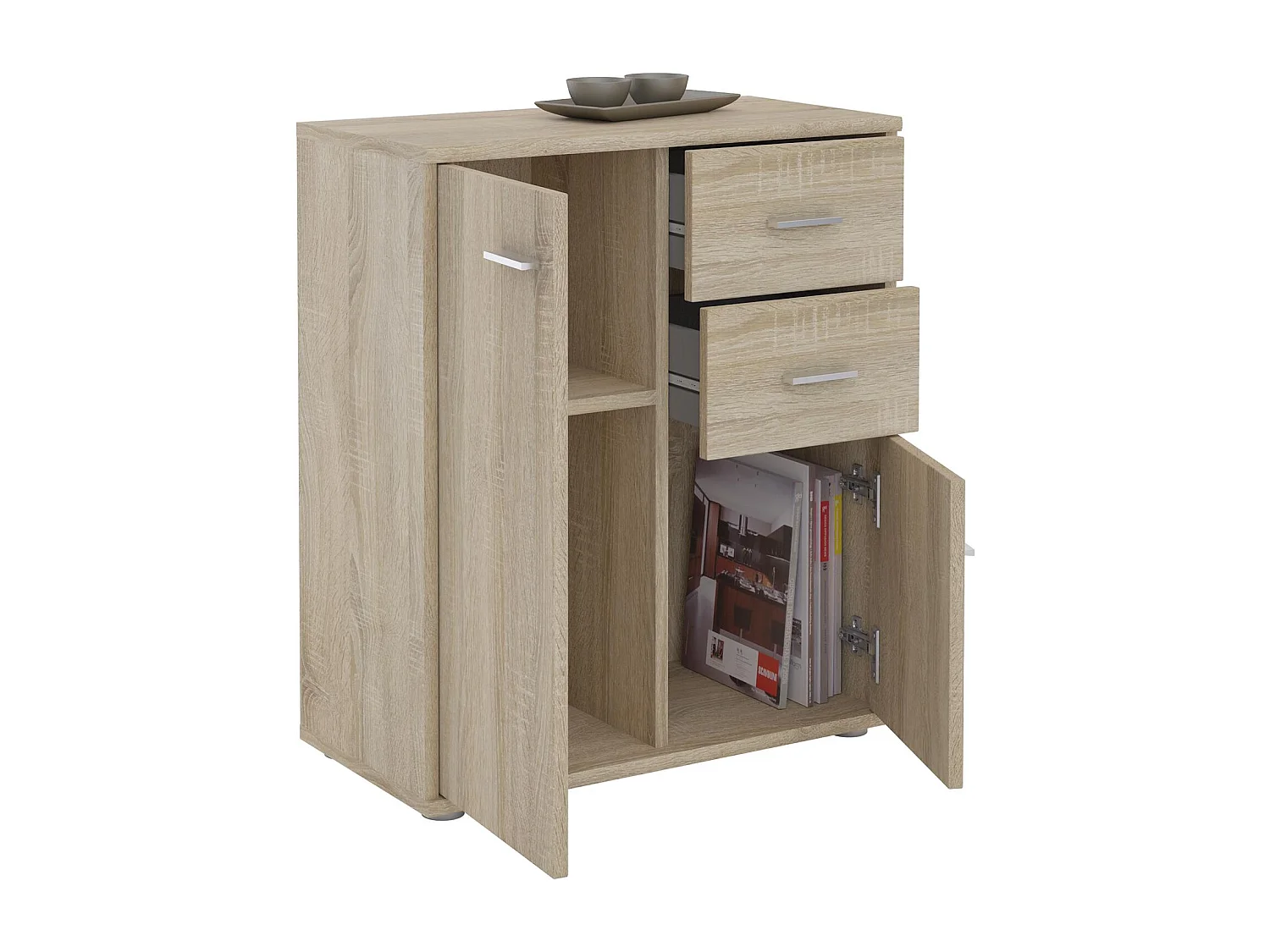 Buffet REMY, commode meuble de rangement avec 2 tiroirs et 2 portes, en mélaminé décor chêne sonoma