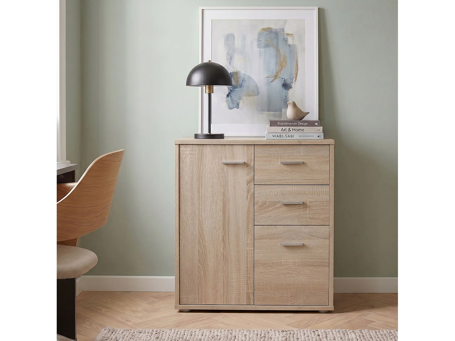 Buffet REMY, commode meuble de rangement avec 2 tiroirs et 2 portes, en mélaminé décor chêne sonoma