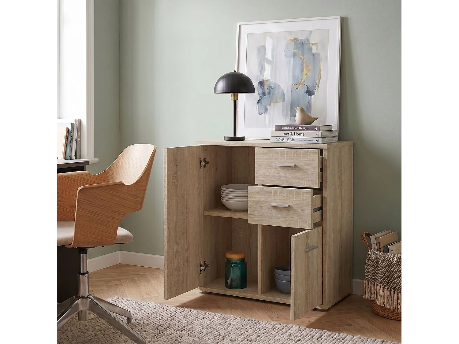 Buffet REMY, commode meuble de rangement avec 2 tiroirs et 2 portes, en mélaminé décor chêne sonoma