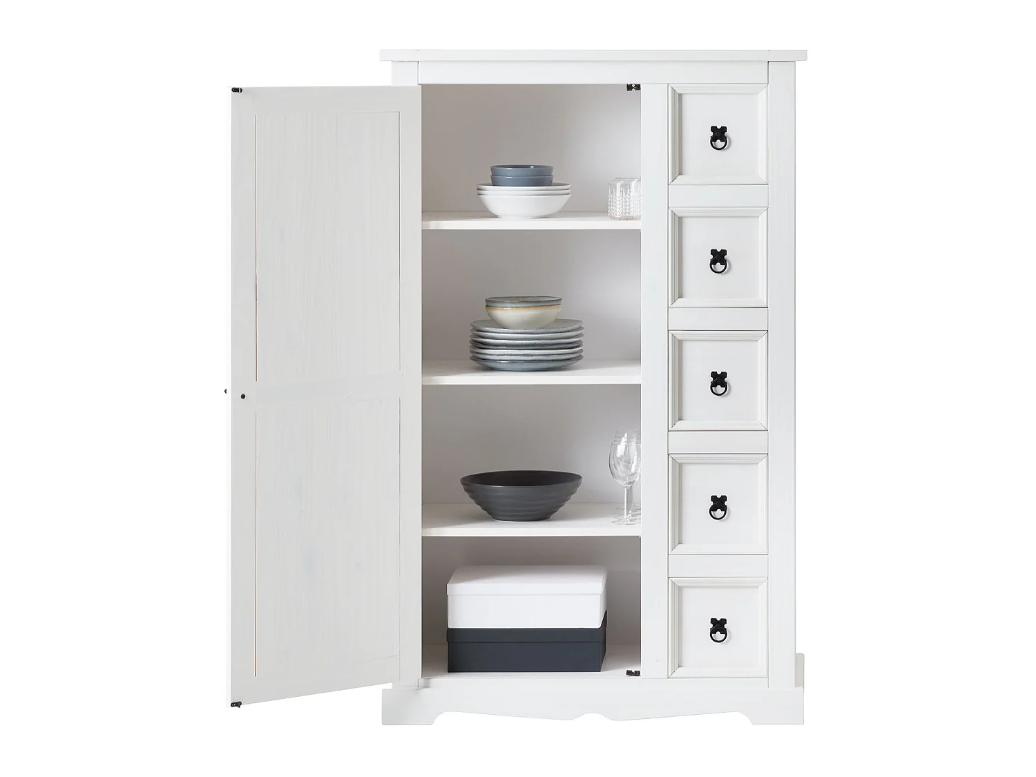 Buffet salle à manger apothicaire TEQUILA L 95 cm en bois massif blanc avec 1 porte battante et 5 tiroirs