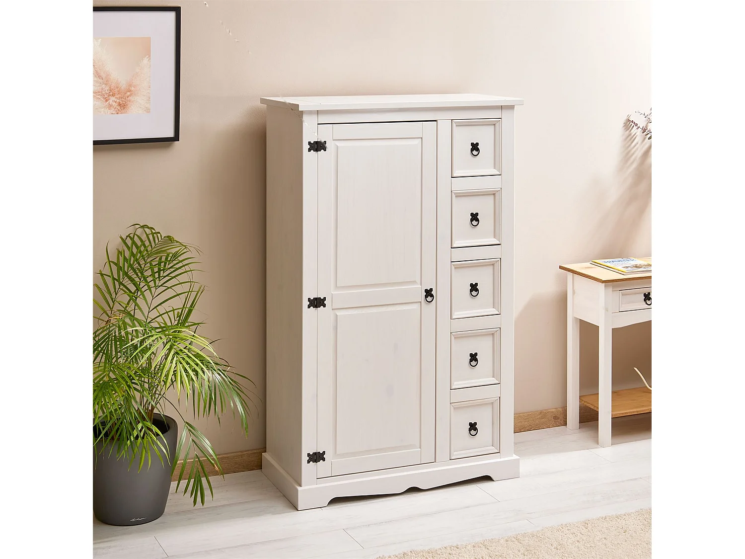 Buffet salle à manger apothicaire TEQUILA L 95 cm en bois massif blanc avec 1 porte battante et 5 tiroirs