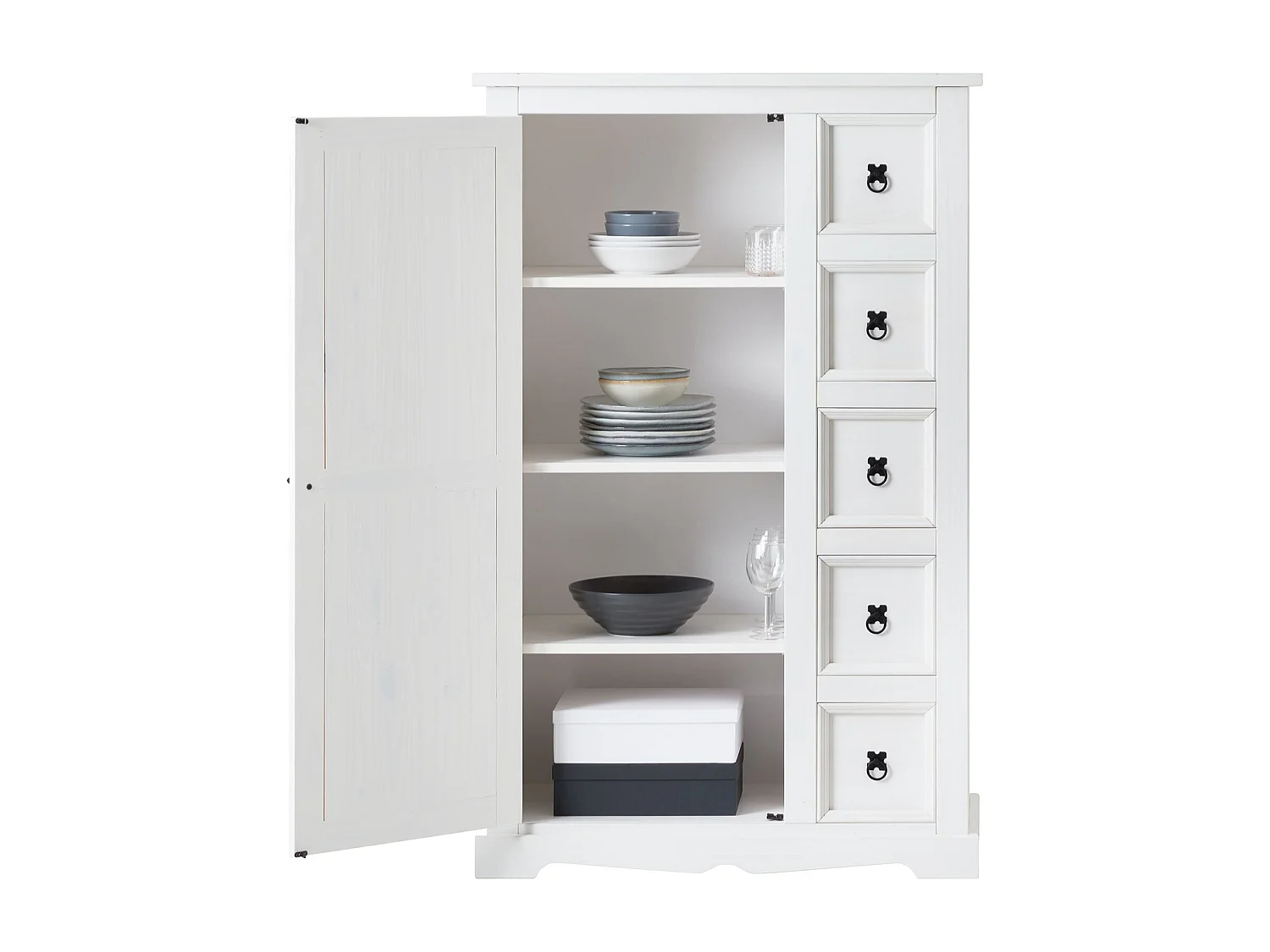 Buffet salle à manger apothicaire TEQUILA L 95 cm en bois massif blanc avec 1 porte battante et 5 tiroirs