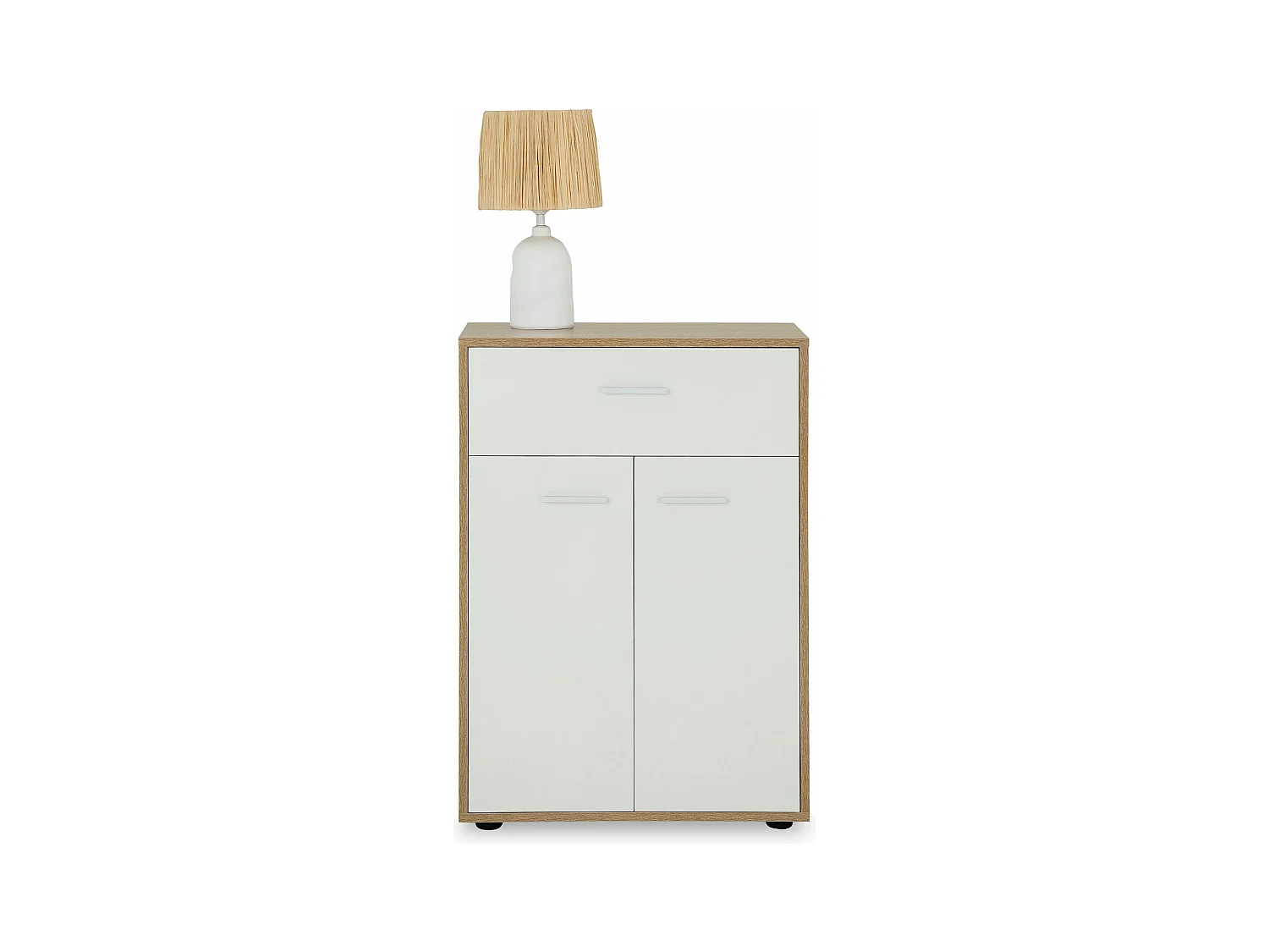 Buffet CALAIS, commode meuble de rangement avec 1 tiroir et 2 portes, en mélaminé décor chêne sonoma et blanc mat