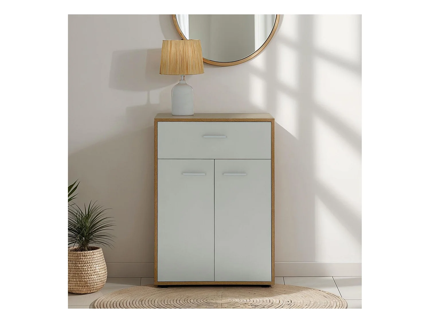 Buffet CALAIS, commode meuble de rangement avec 1 tiroir et 2 portes, en mélaminé décor chêne sonoma et blanc mat