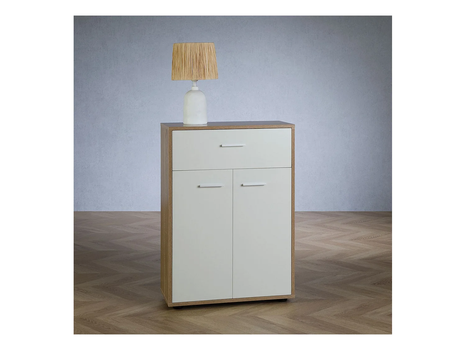 Buffet CALAIS, commode meuble de rangement avec 1 tiroir et 2 portes, en mélaminé décor chêne sonoma et blanc mat