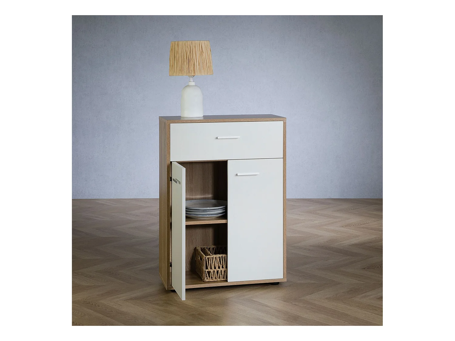Buffet CALAIS, commode meuble de rangement avec 1 tiroir et 2 portes, en mélaminé décor chêne sonoma et blanc mat