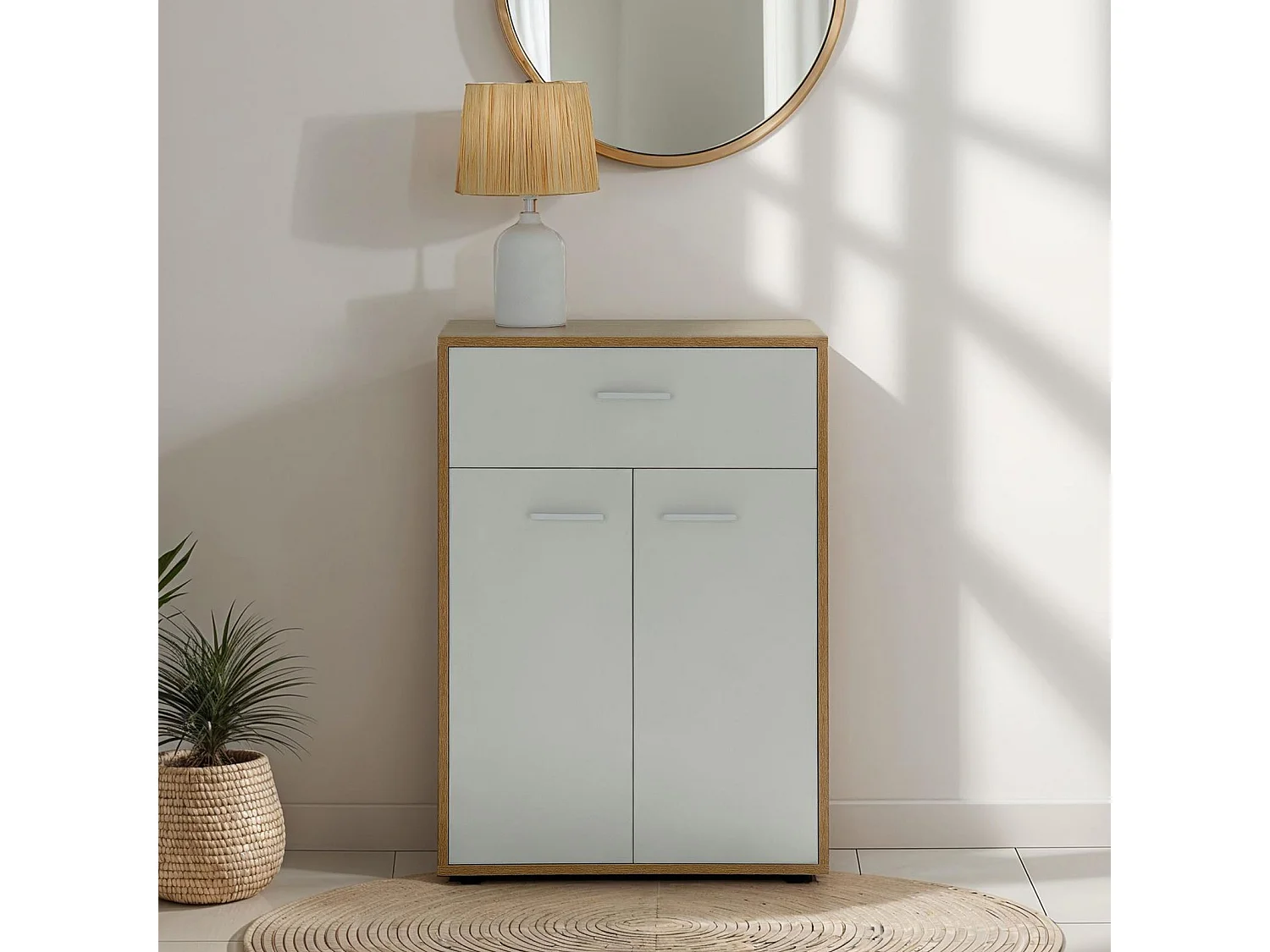Buffet CALAIS, commode meuble de rangement avec 1 tiroir et 2 portes, en mélaminé décor chêne sonoma et blanc mat