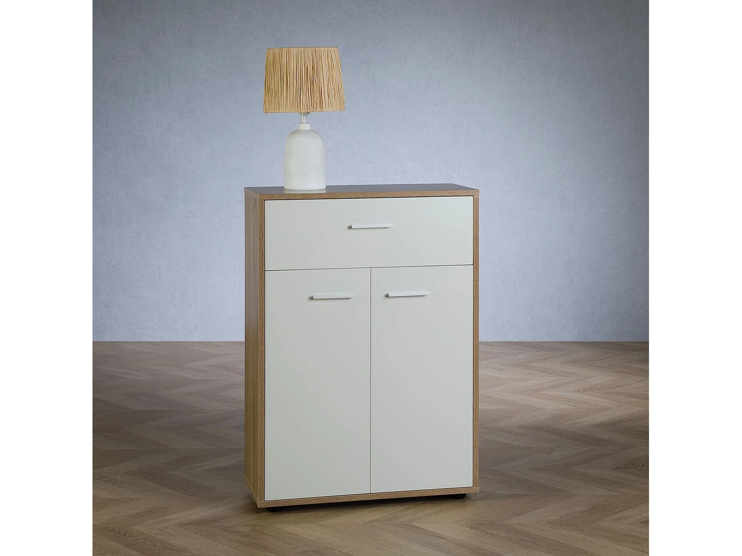 Buffet CALAIS, commode meuble de rangement avec 1 tiroir et 2 portes, en mélaminé décor chêne sonoma et blanc mat