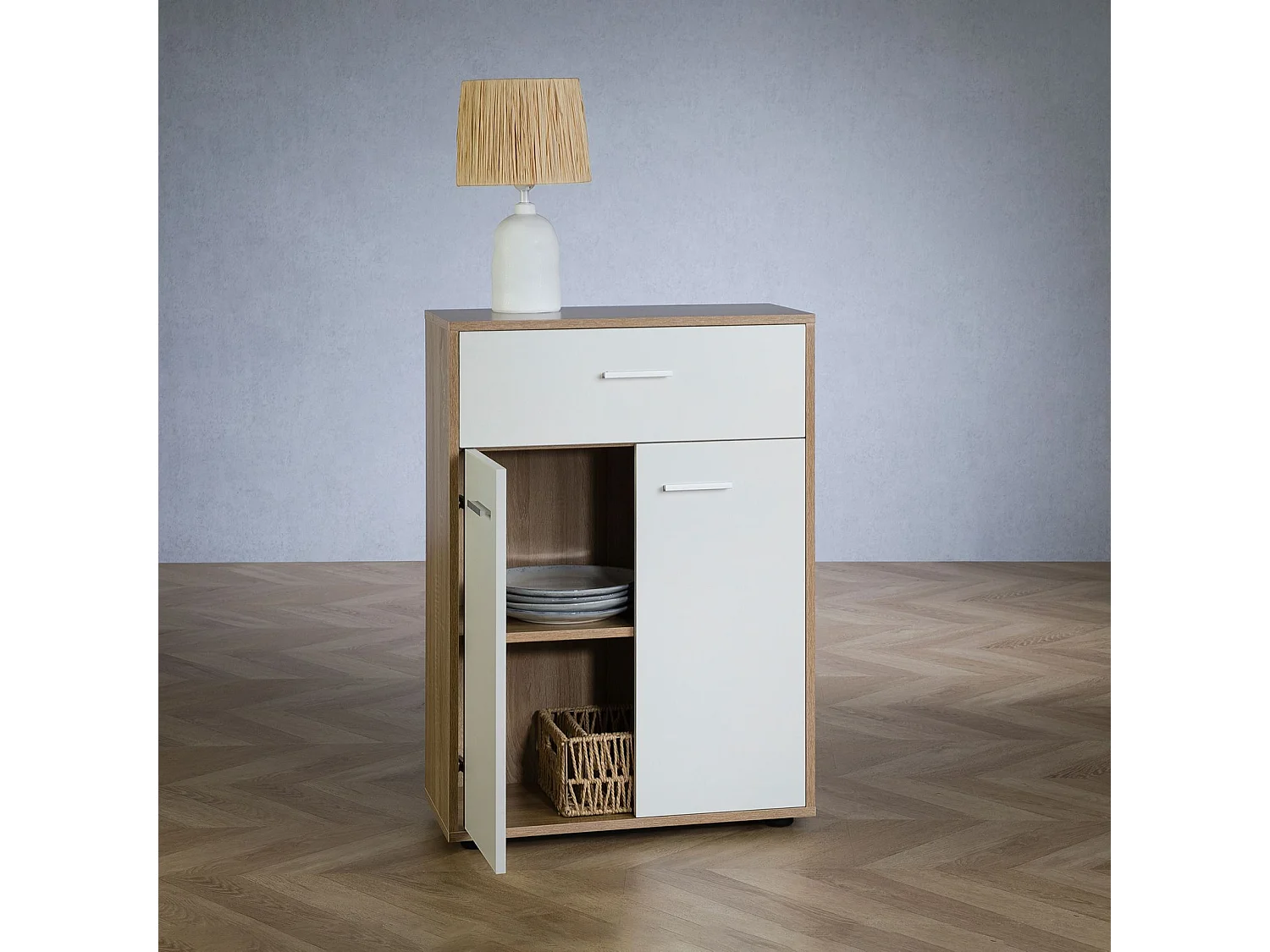 Buffet CALAIS, commode meuble de rangement avec 1 tiroir et 2 portes, en mélaminé décor chêne sonoma et blanc mat