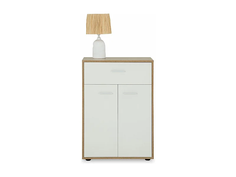Buffet CALAIS, commode meuble de rangement avec 1 tiroir et 2 portes, en mélaminé décor chêne sonoma et blanc mat