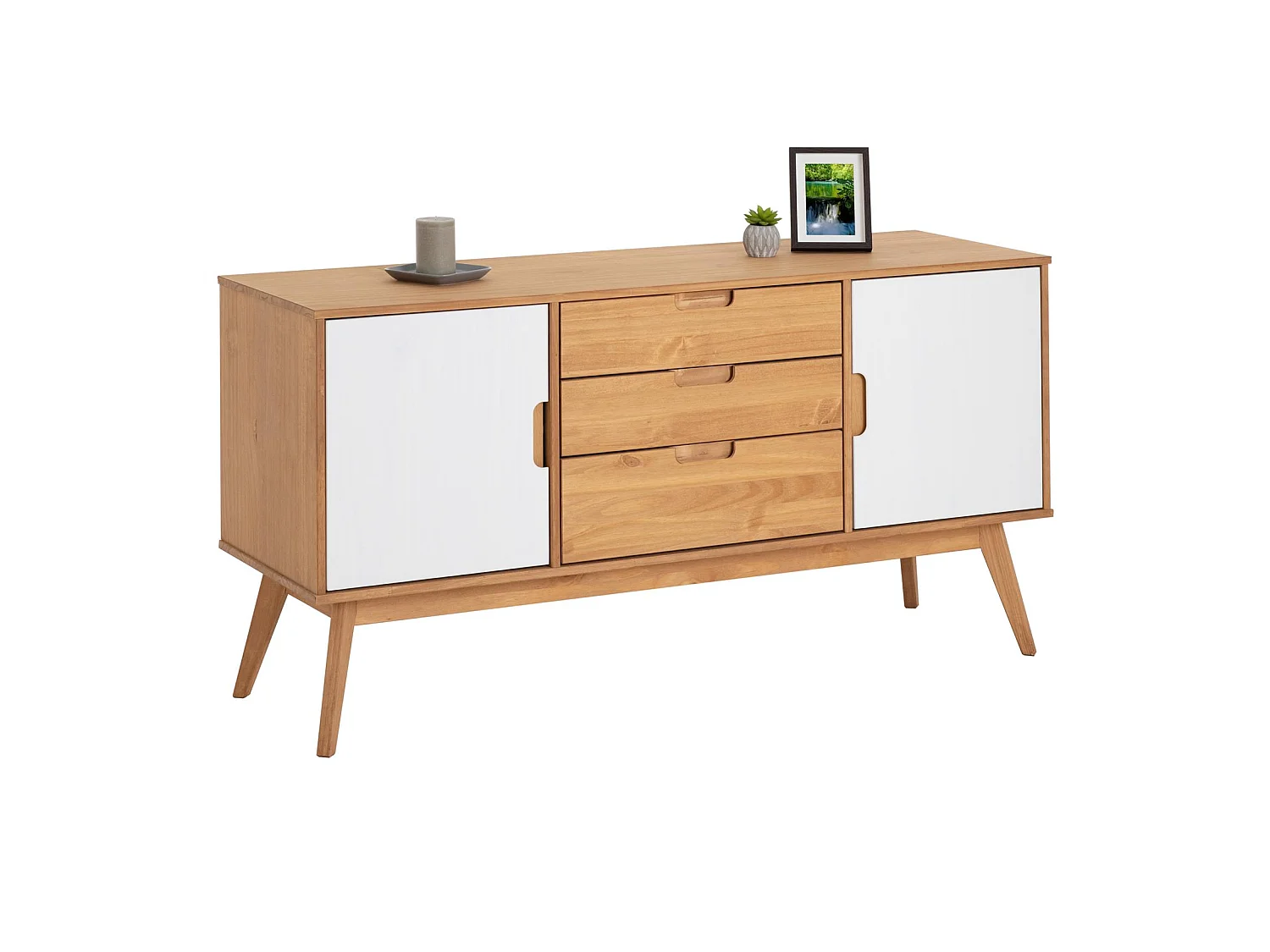 Buffet TIVOLI design vintage scandinave nordique commode bahut vaisselier 3 tiroirs 2 portes, pin massif finition bois teinté/blanc