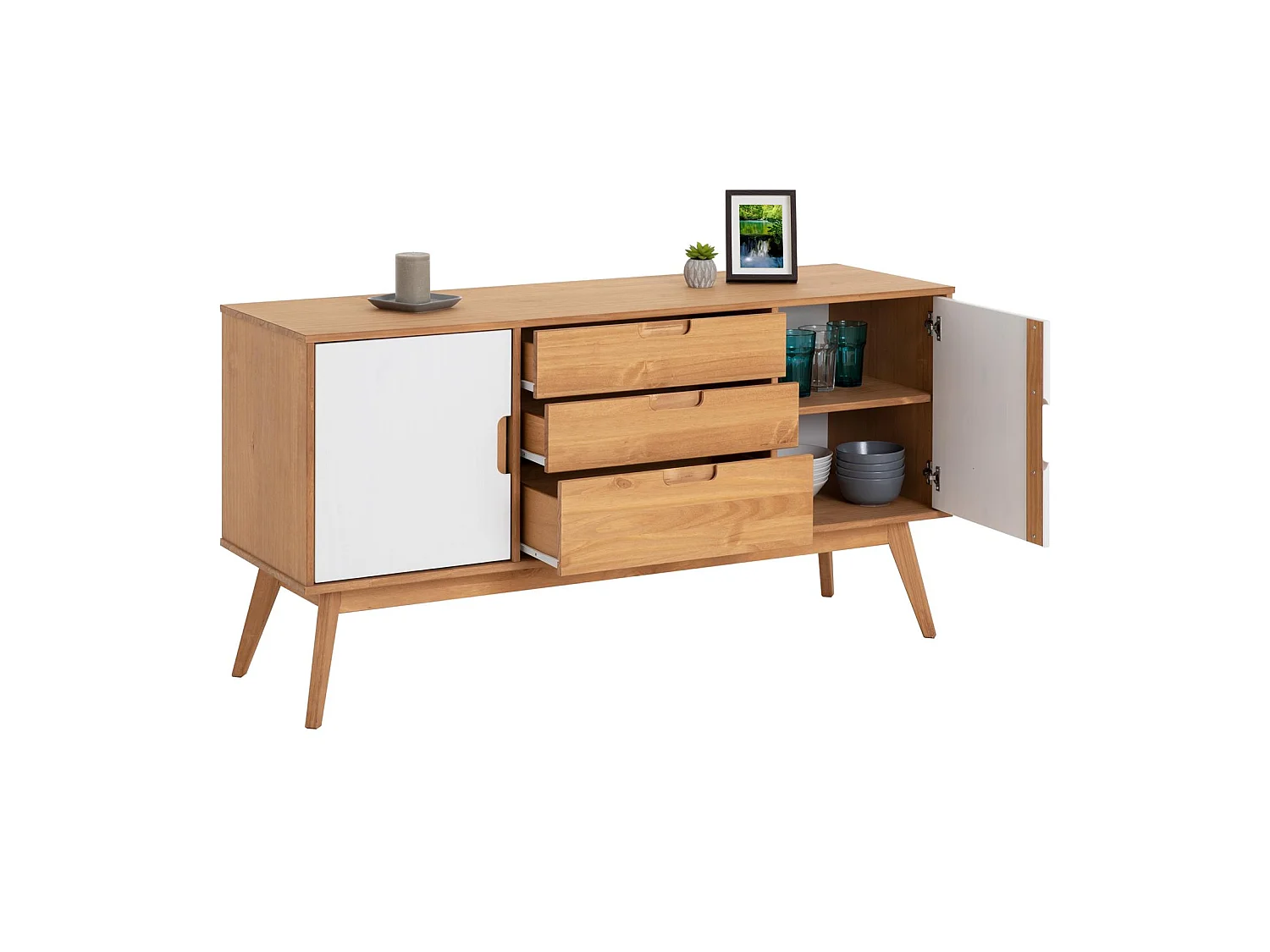 Buffet TIVOLI design vintage scandinave nordique commode bahut vaisselier 3 tiroirs 2 portes, pin massif finition bois teinté/blanc