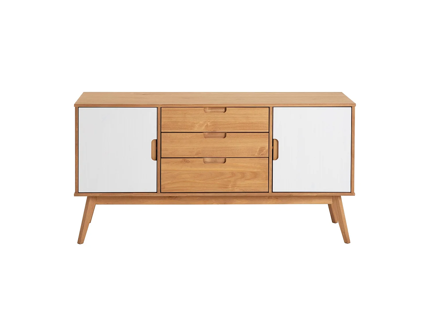 Buffet TIVOLI design vintage scandinave nordique commode bahut vaisselier 3 tiroirs 2 portes, pin massif finition bois teinté/blanc