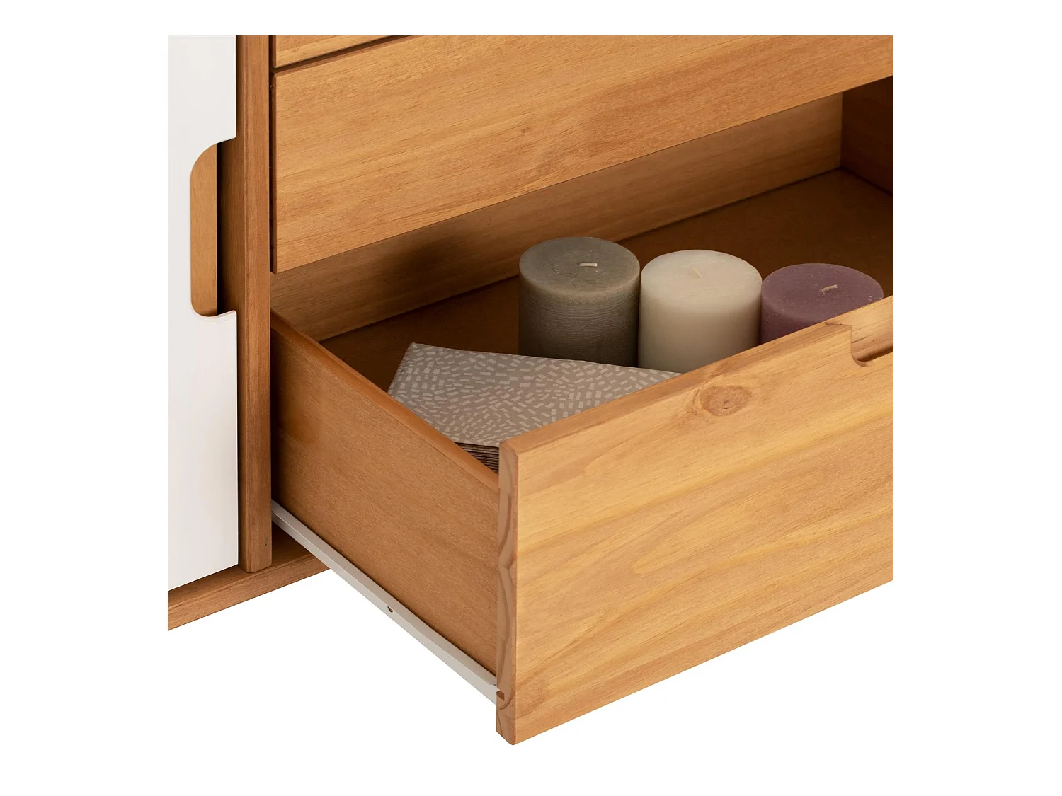 Buffet TIVOLI design vintage scandinave nordique commode bahut vaisselier 3 tiroirs 2 portes, pin massif finition bois teinté/blanc