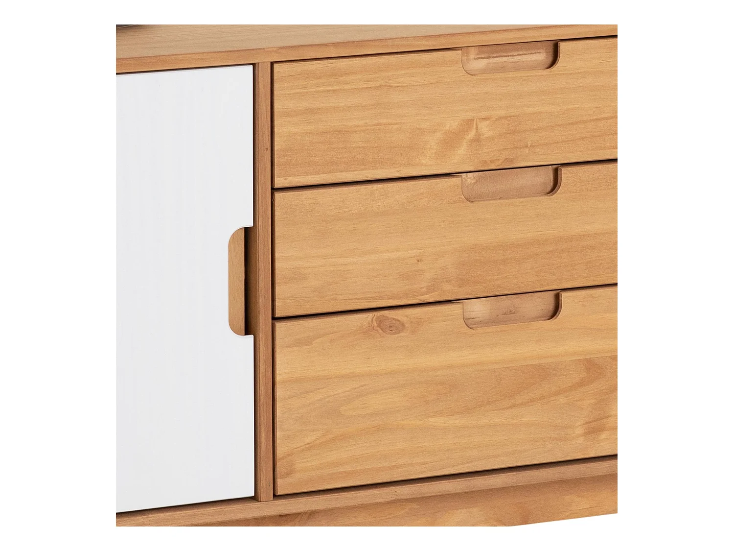 Buffet TIVOLI design vintage scandinave nordique commode bahut vaisselier 3 tiroirs 2 portes, pin massif finition bois teinté/blanc