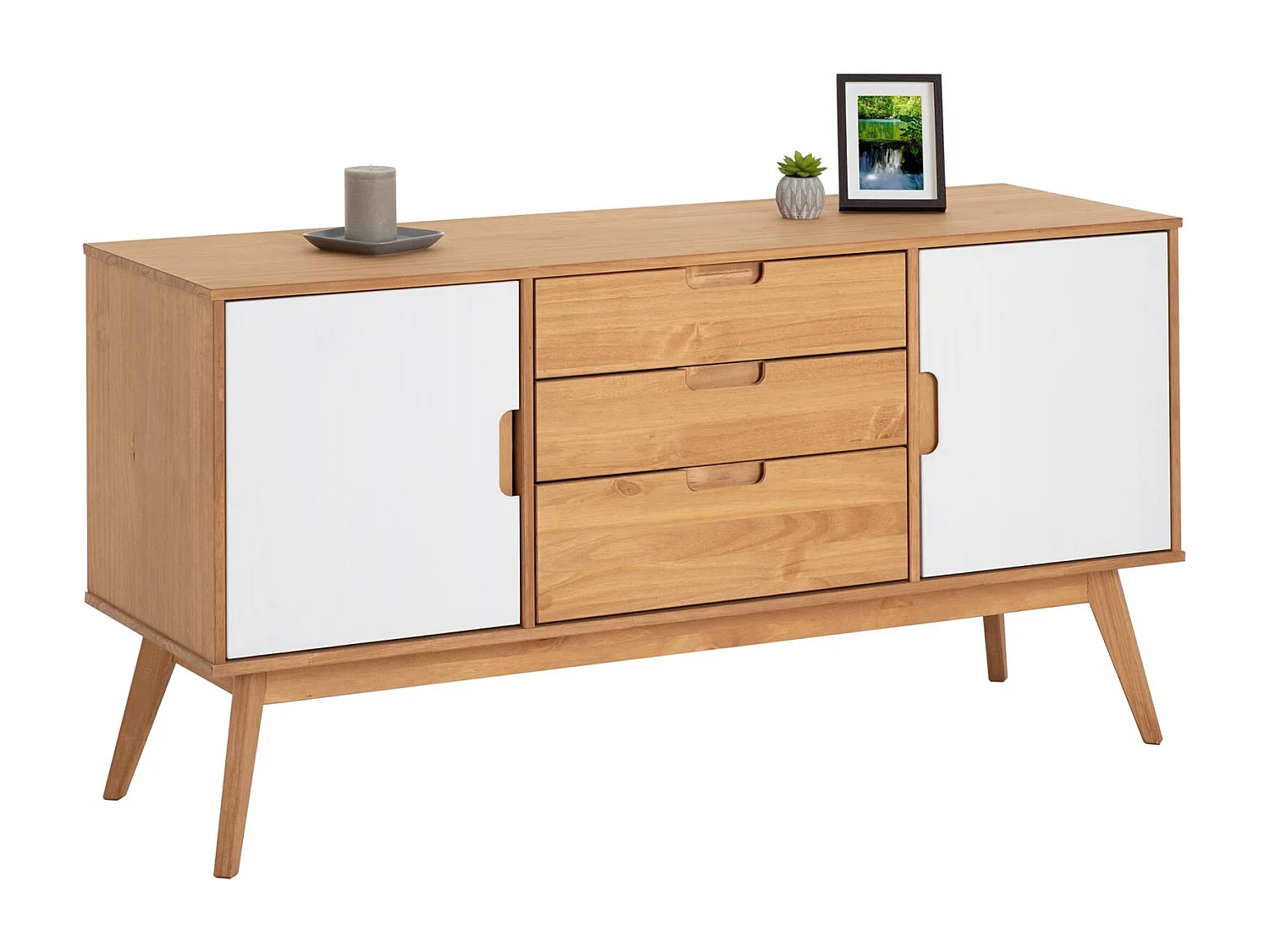 Buffet TIVOLI design vintage scandinave nordique commode bahut vaisselier 3 tiroirs 2 portes, pin massif finition bois teinté/blanc