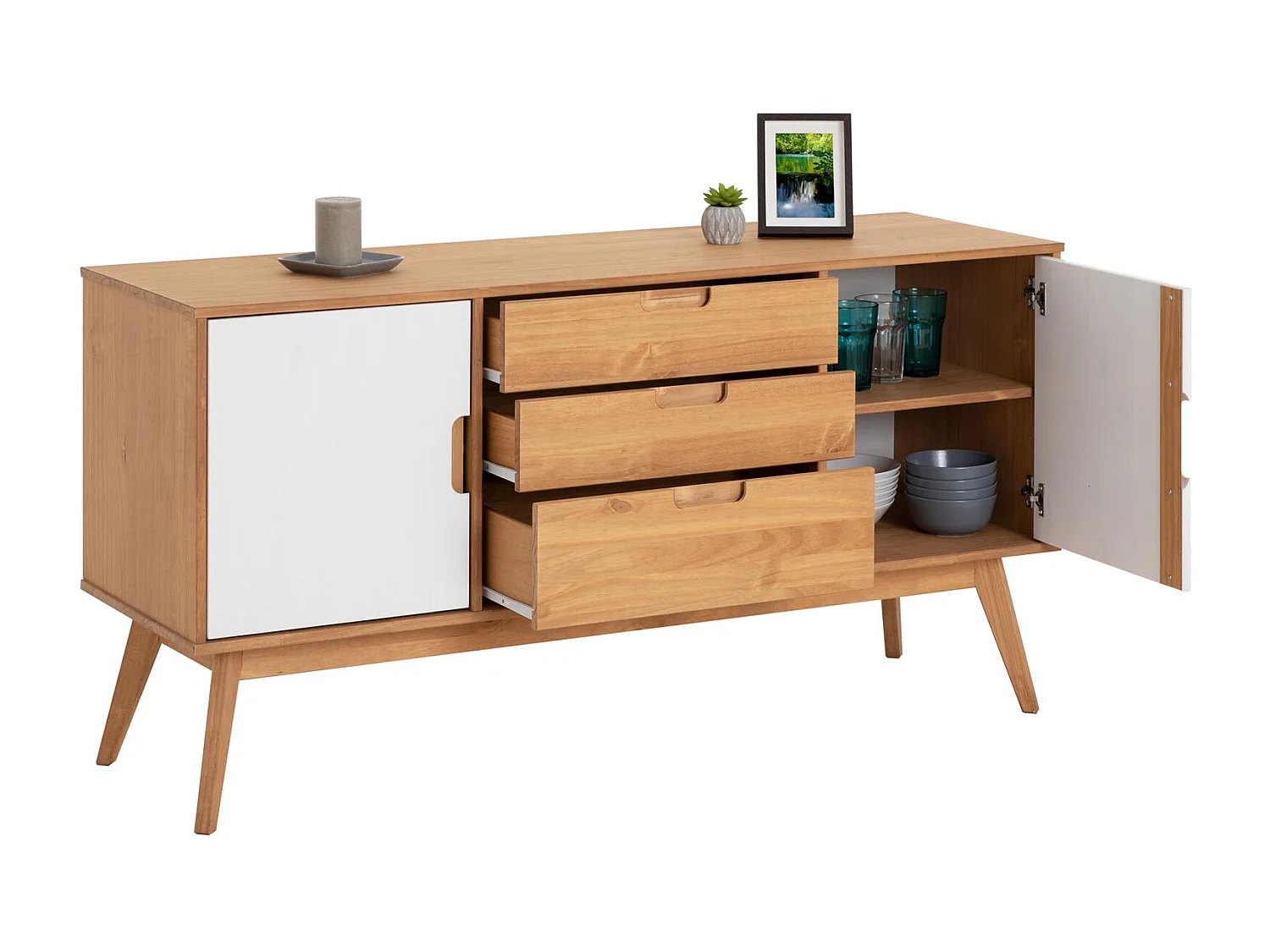 Buffet TIVOLI design vintage scandinave nordique commode bahut vaisselier 3 tiroirs 2 portes, pin massif finition bois teinté/blanc