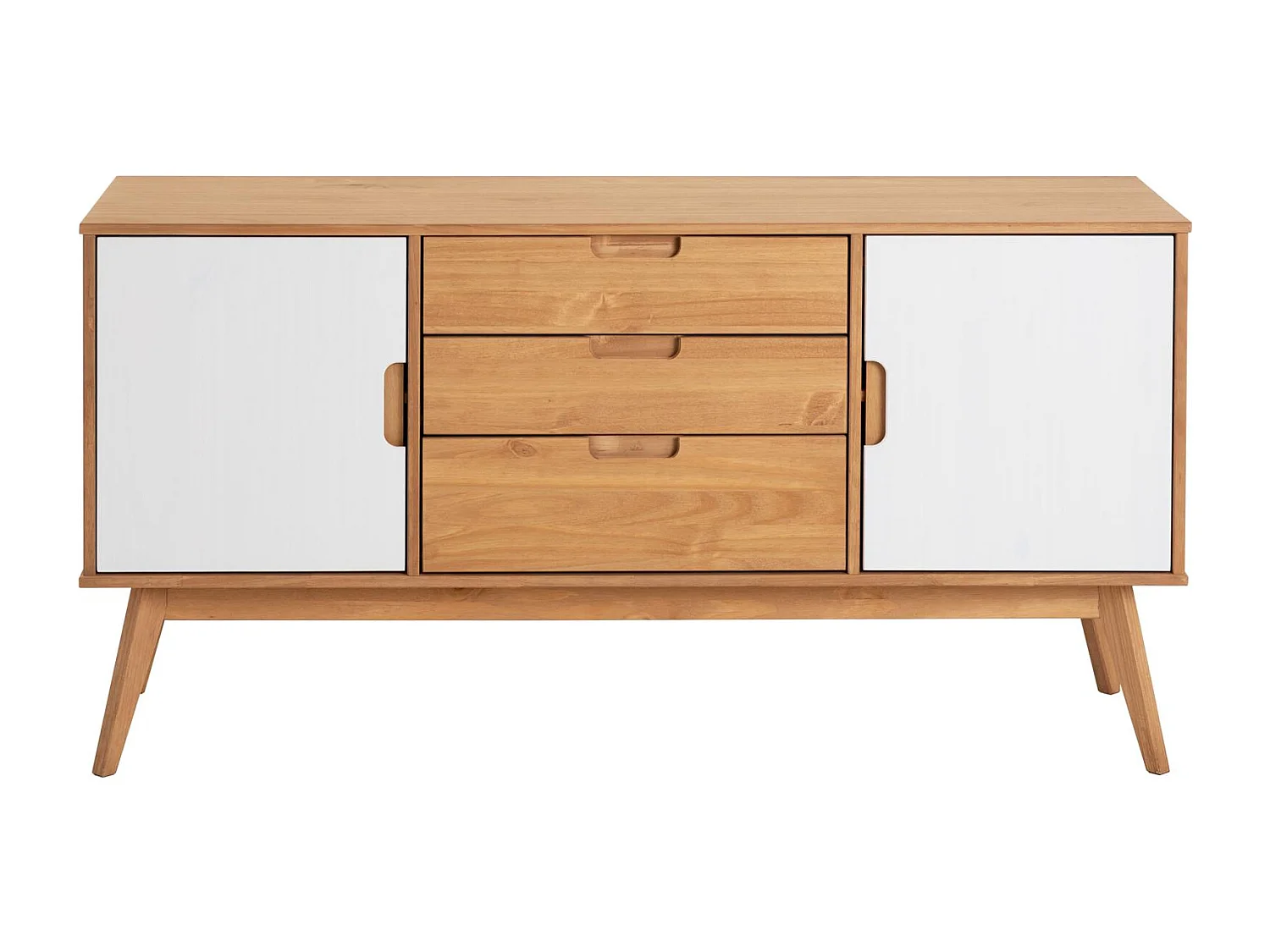 Buffet TIVOLI design vintage scandinave nordique commode bahut vaisselier 3 tiroirs 2 portes, pin massif finition bois teinté/blanc