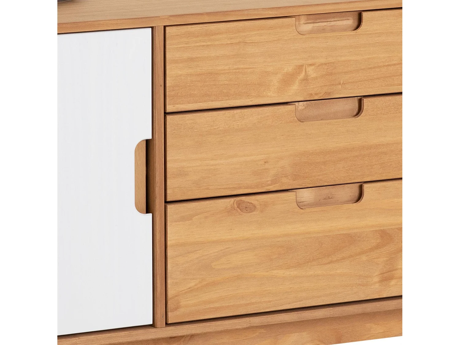 Buffet TIVOLI design vintage scandinave nordique commode bahut vaisselier 3 tiroirs 2 portes, pin massif finition bois teinté/blanc