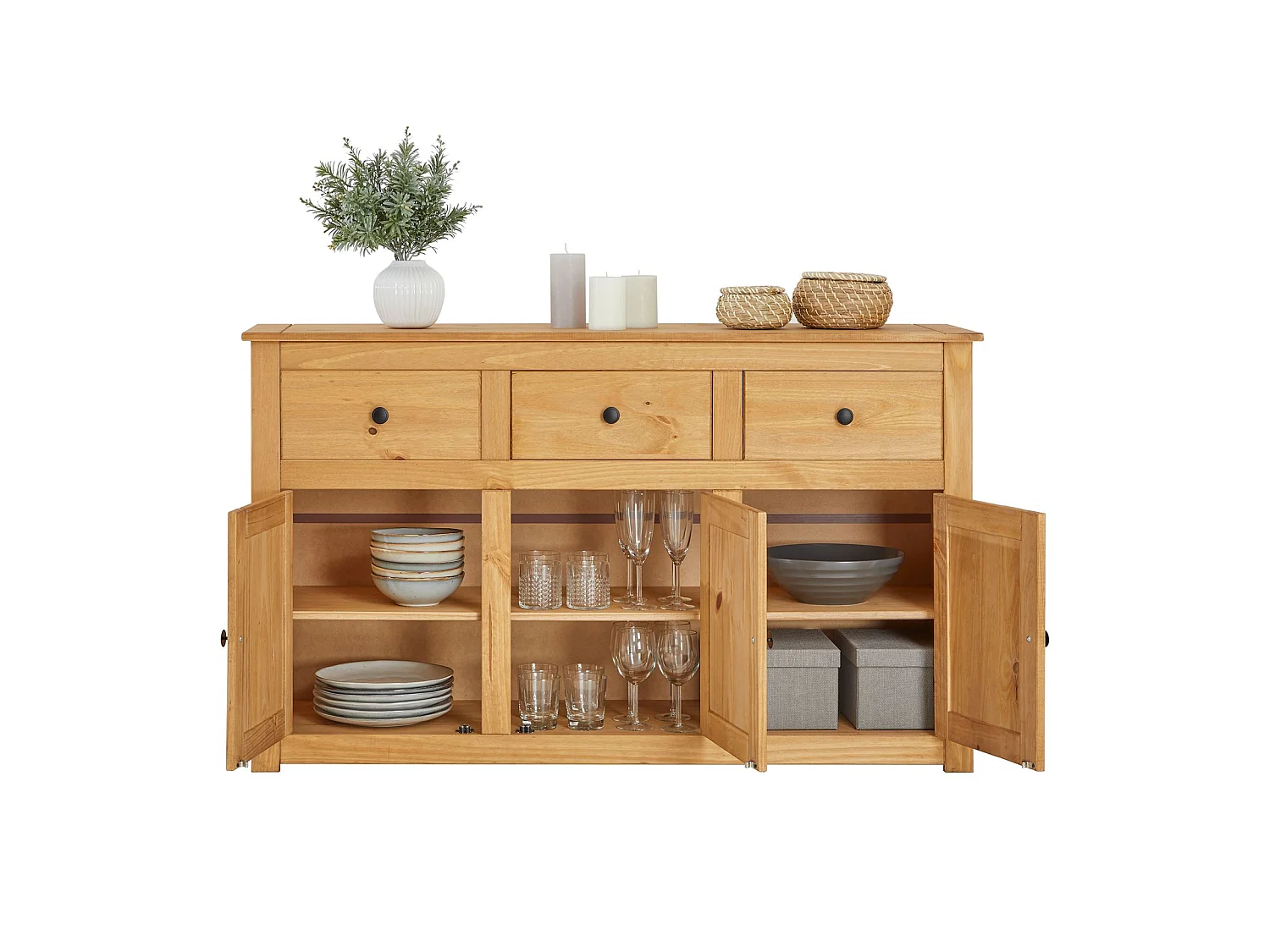 Buffet salle à manger CANCUN L 135 cm en bois massif finition laquée avec 3 portes et 3 tiroirs meuble de rangement bas