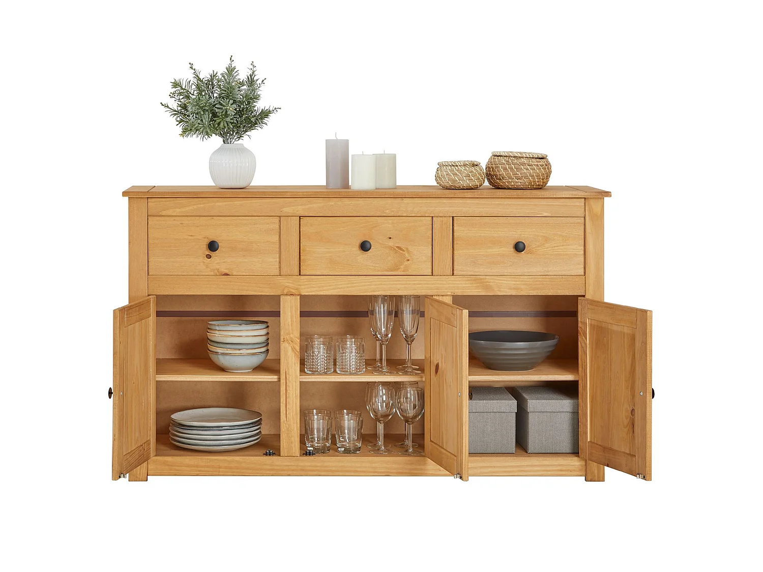 Buffet salle à manger CANCUN L 135 cm en bois massif finition laquée avec 3 portes et 3 tiroirs meuble de rangement bas