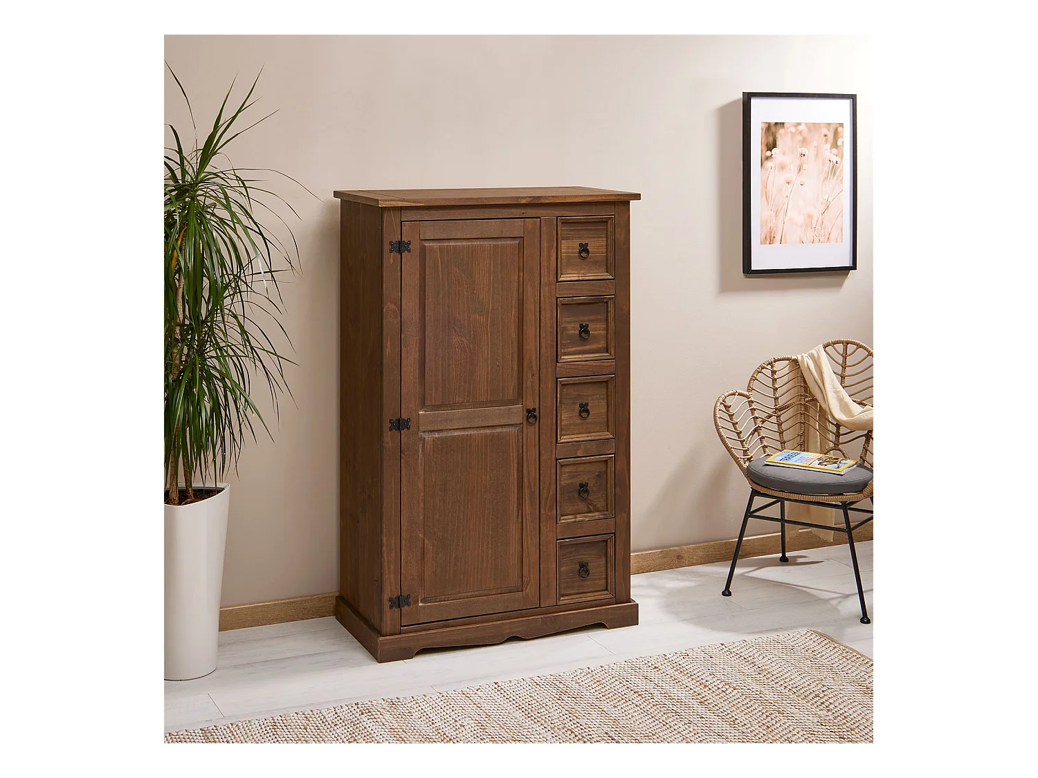 Buffet chiffonnier apothicaire TEQUILA style mexicain avec 1 portes et 5 tiroirs, en pin massif lasuré brun