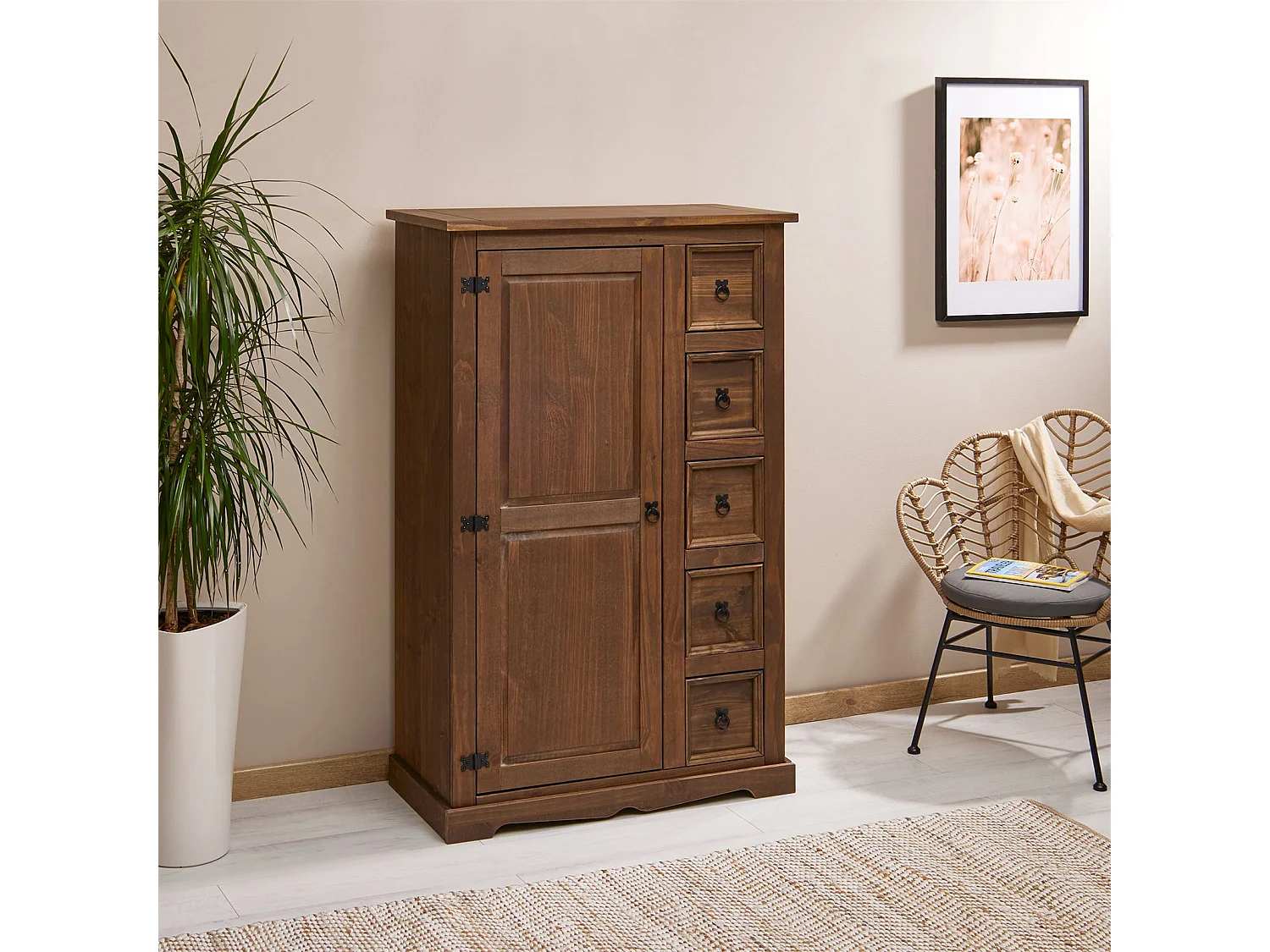 Buffet chiffonnier apothicaire TEQUILA style mexicain avec 1 portes et 5 tiroirs, en pin massif lasuré brun