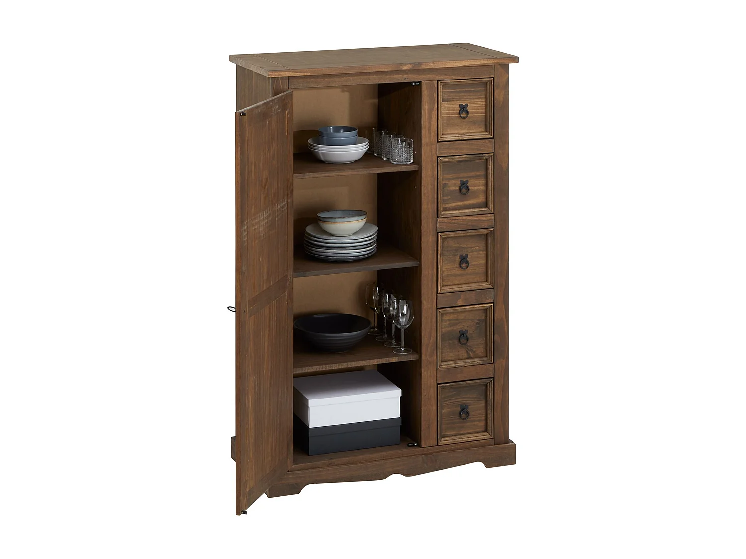 Buffet chiffonnier apothicaire TEQUILA style mexicain avec 1 portes et 5 tiroirs, en pin massif lasuré brun