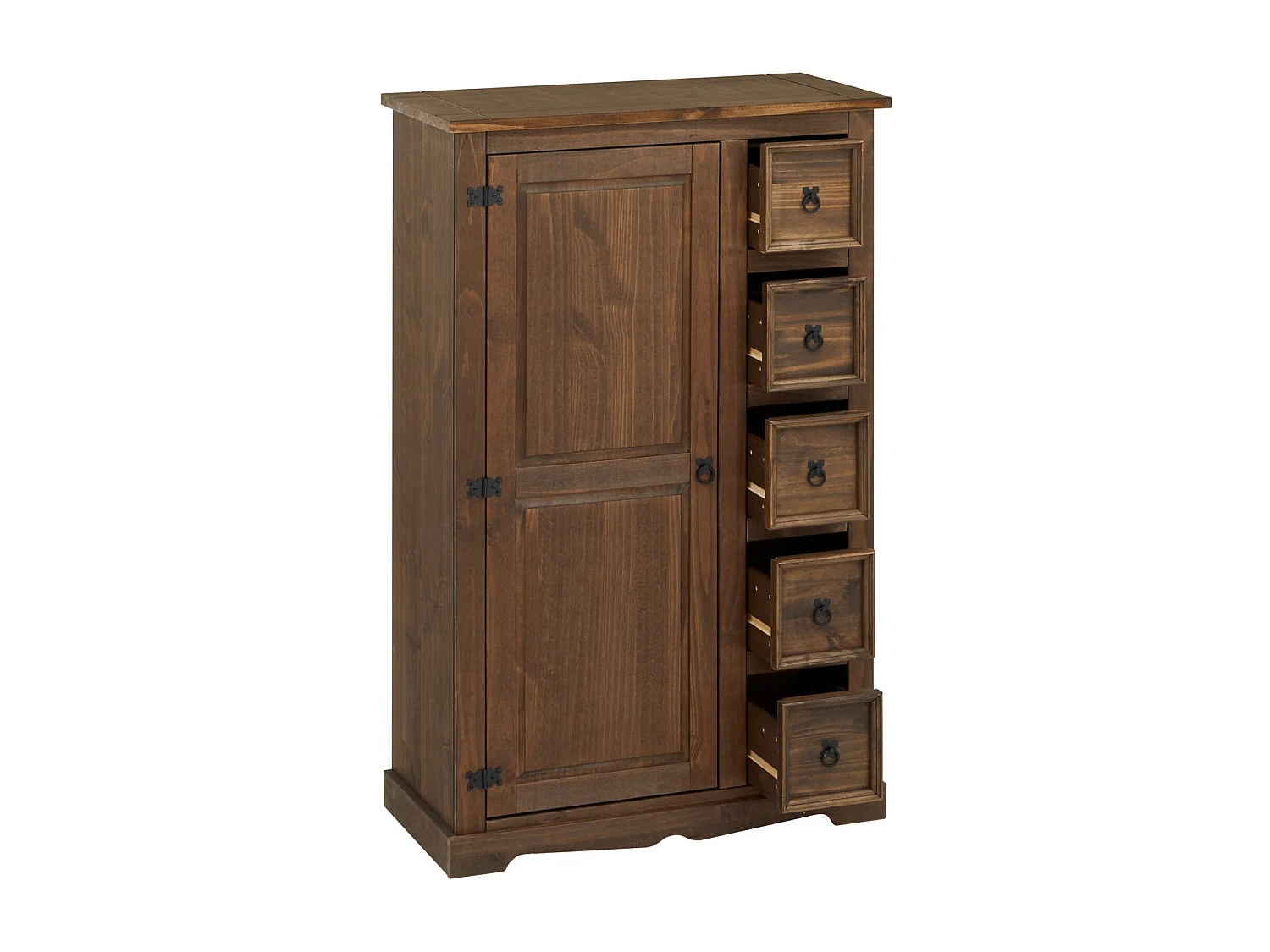 Buffet chiffonnier apothicaire TEQUILA style mexicain avec 1 portes et 5 tiroirs, en pin massif lasuré brun