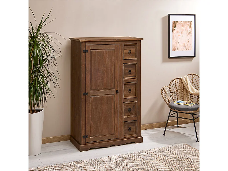 Buffet chiffonnier apothicaire TEQUILA style mexicain avec 1 portes et 5 tiroirs, en pin massif lasuré brun