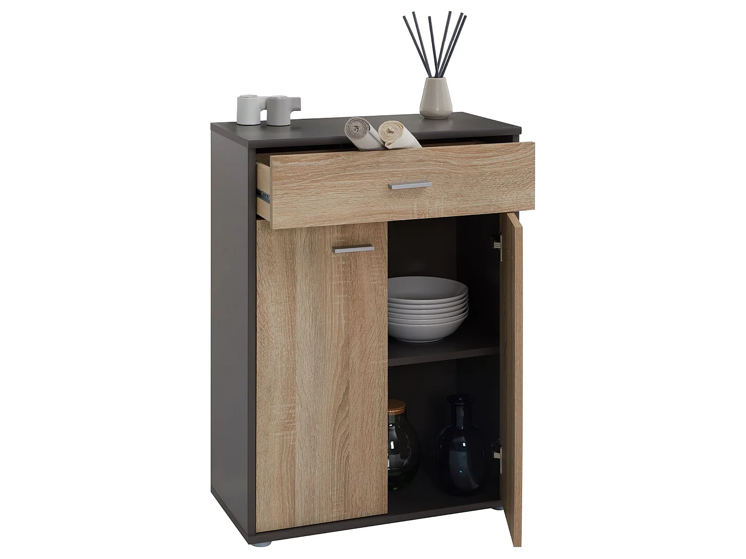 Buffet salle à manger CALAIS L 60 cm coloris chêne sonoma avec 2 portes bahut bas meuble de rangement style moderne