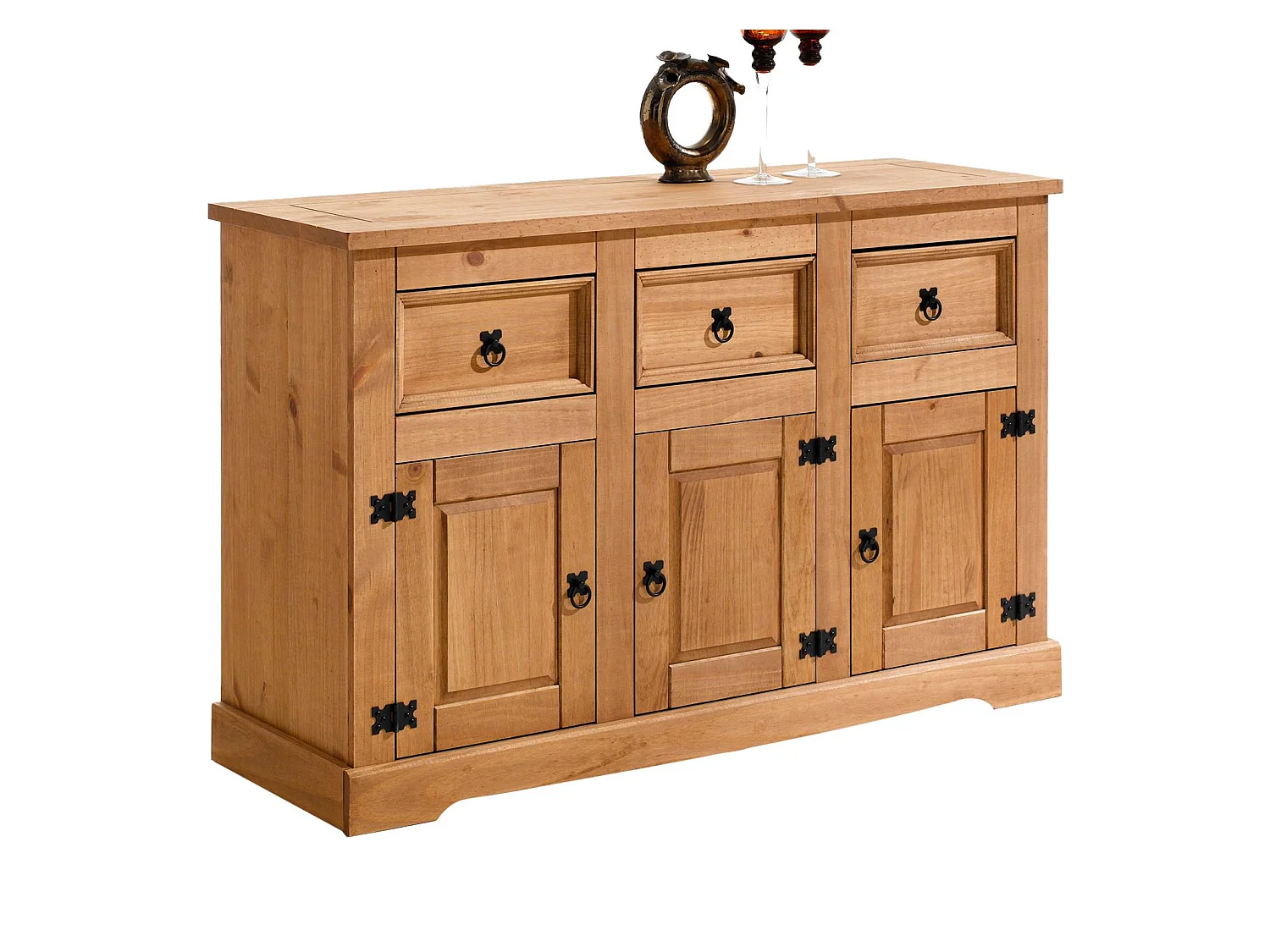 Buffet TEQUILA bahut commode vaisselier en bois style mexicain avec 3 tiroirs et 3 portes battantes, en pin massif finition teintée/