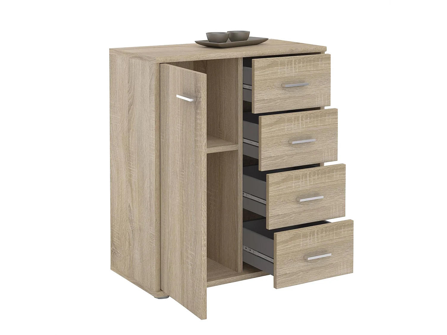 Buffet salle à manger OSCAR L 60 cm en bois coloris chêne sonoma avec 4 tiroirs et 1 porte, meuble de rangement