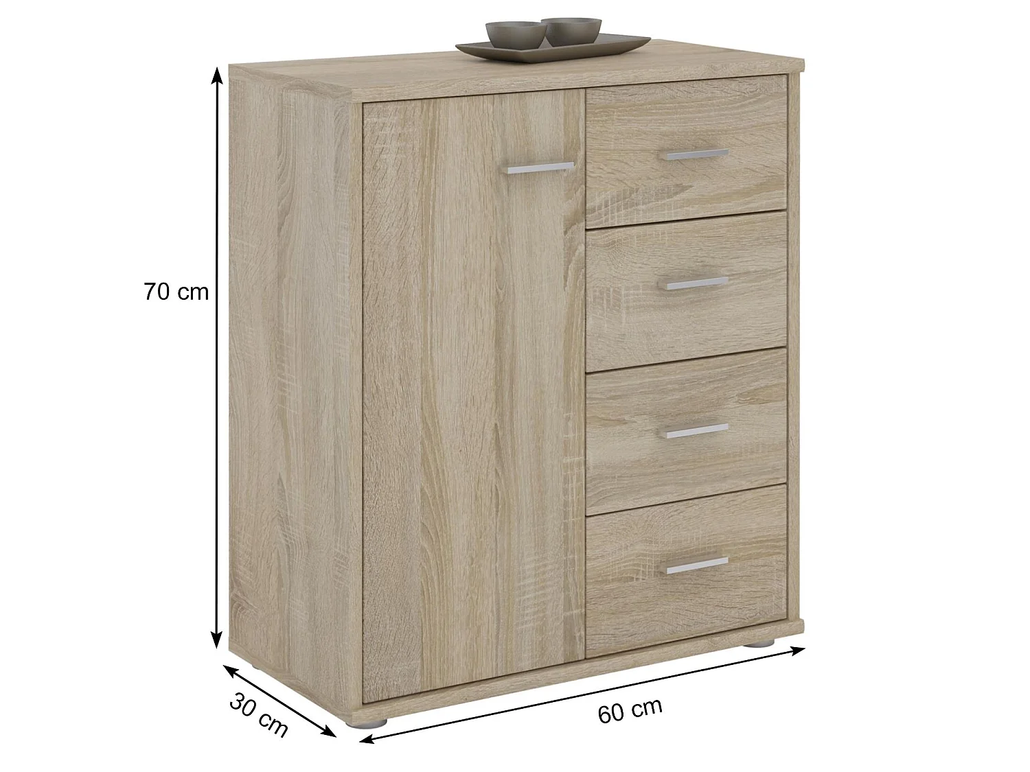 Buffet salle à manger OSCAR L 60 cm en bois coloris chêne sonoma avec 4 tiroirs et 1 porte, meuble de rangement