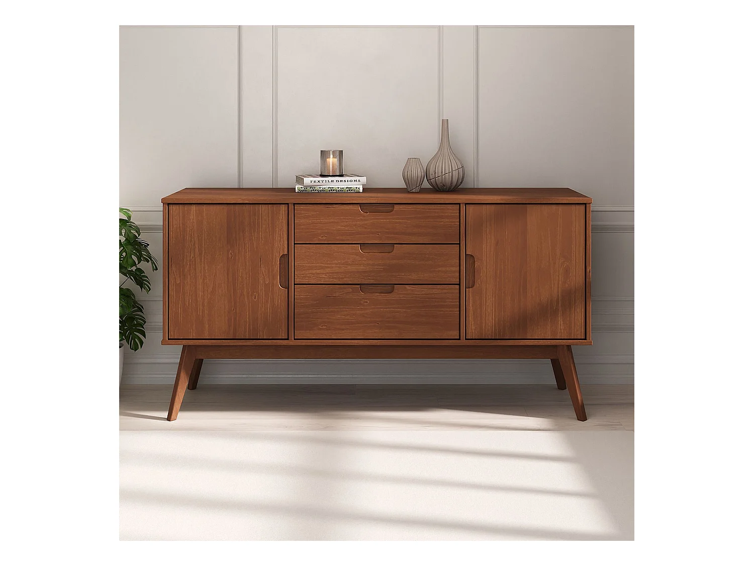 Buffet salle à manger TIVOLI L 145 cm en bois massif brun foncé avec 3 tiroirs et 2 portes battantes