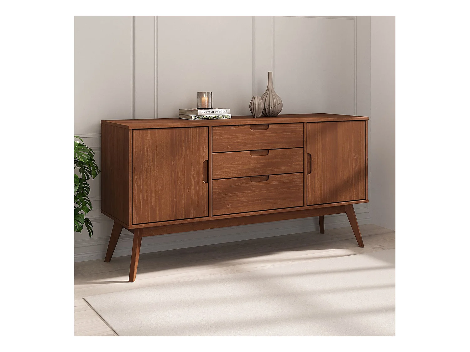 Buffet salle à manger TIVOLI L 145 cm en bois massif brun foncé avec 3 tiroirs et 2 portes battantes