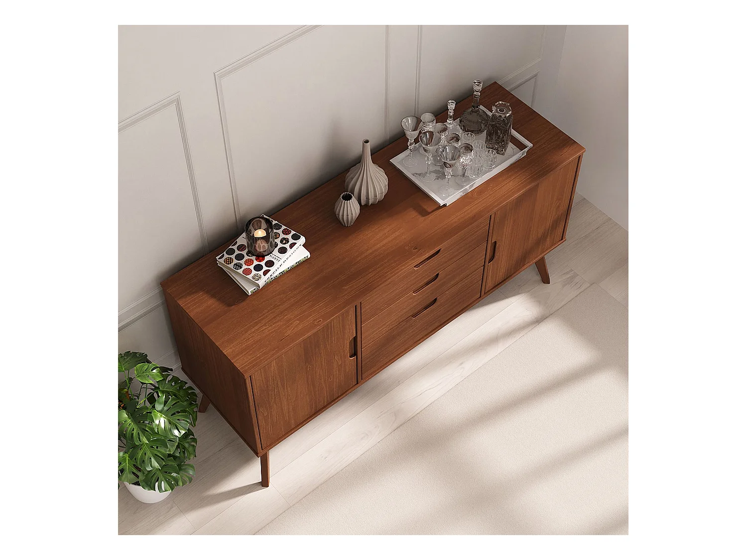 Buffet salle à manger TIVOLI L 145 cm en bois massif brun foncé avec 3 tiroirs et 2 portes battantes