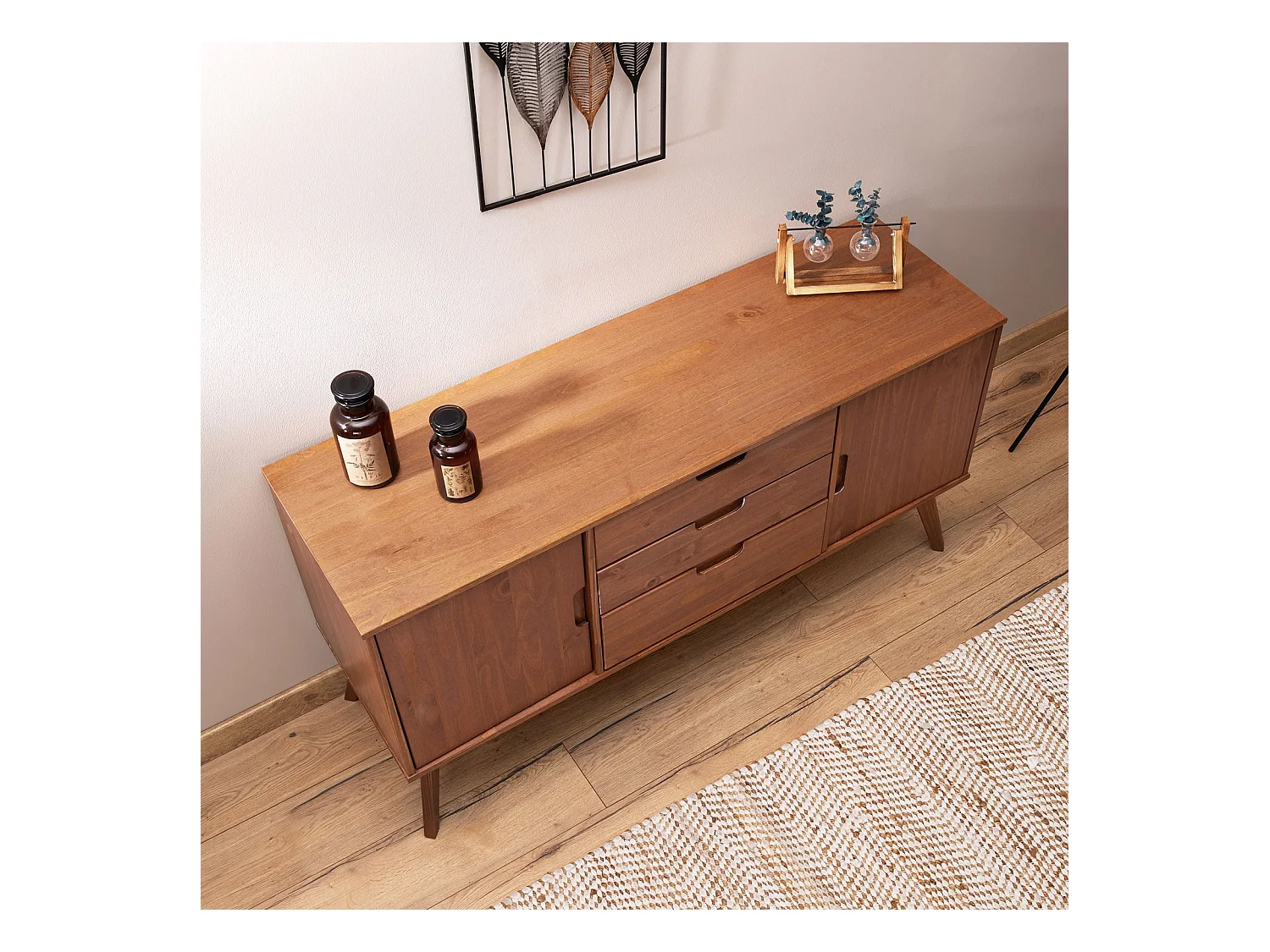 Buffet salle à manger TIVOLI L 145 cm en bois massif brun foncé avec 3 tiroirs et 2 portes battantes