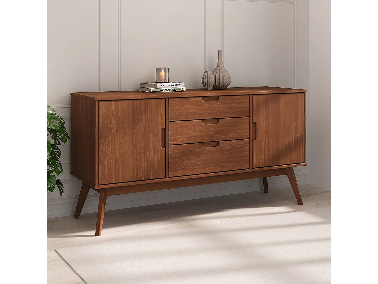 Buffet salle à manger TIVOLI L 145 cm en bois massif brun foncé avec 3 tiroirs et 2 portes battantes